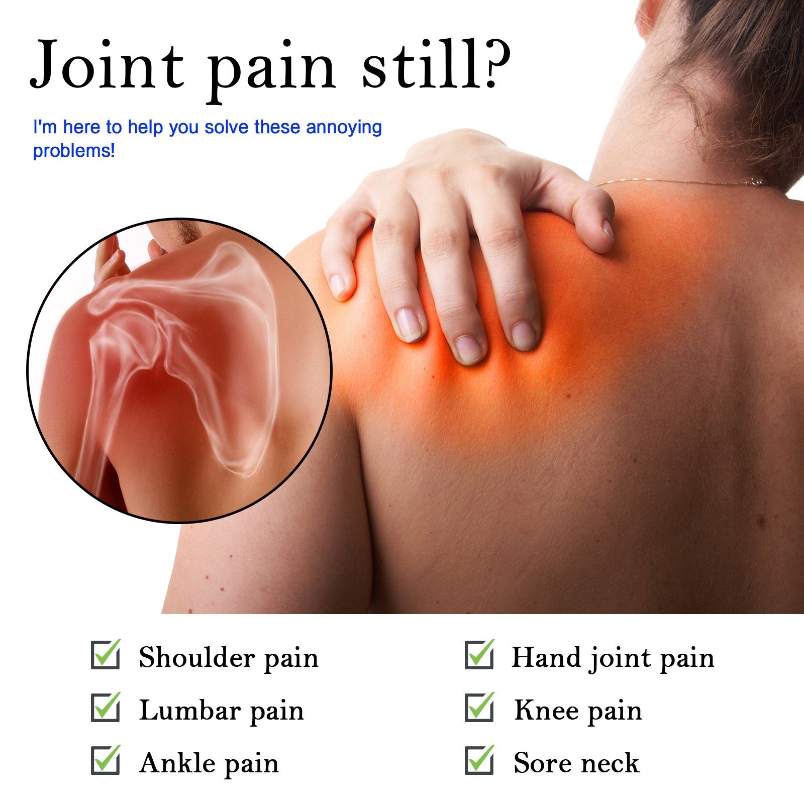 Man's shoulder and neck area showing orange inflammation gradient with magnified circular inset of shoulder joint pain; checkmarks listing shoulder pain, lumbar pain, ankle pain, hand joint pain, knee pain, sore neck