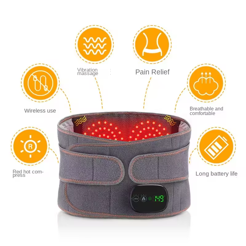 Infographic display of eight key benefits with orange circular icons: vibration massage, pain relief, wireless use, red hot compress, breathable comfortable, long battery life, and the central belt showing glowing red infrared heating inside