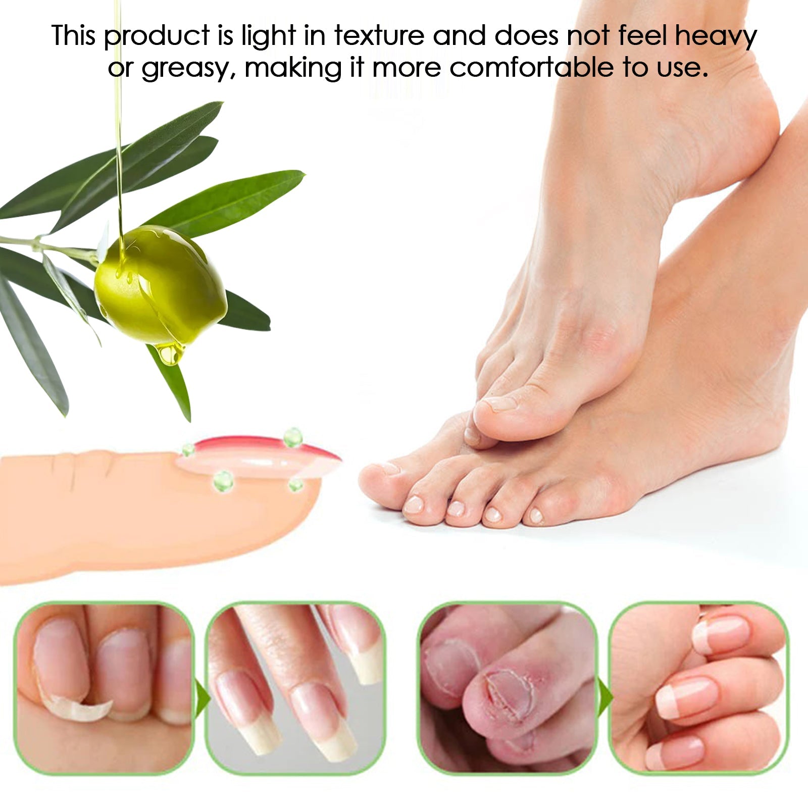 Comprehensive before/after collage with olive oil droplets, healthy feet with glossy nails, four comparison panels showing cuticle repair progression