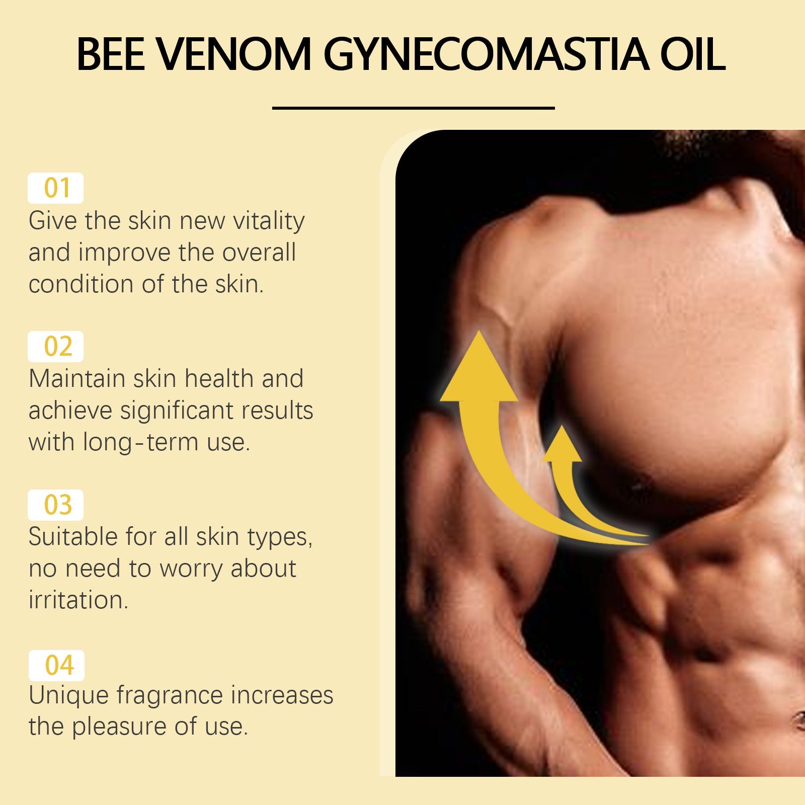 Information card with numbered benefit claims (01-04) showing text descriptions and close-up chest image with upward-pointing yellow arrows indicating lift and firmness
