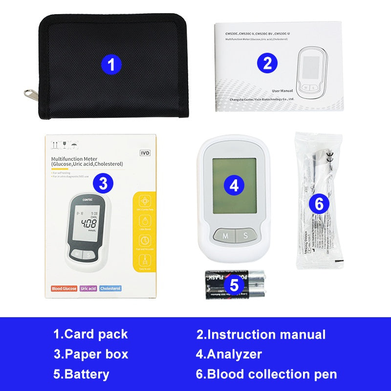 Analyzer device front and center with all test strip boxes and lancing pen arranged around it