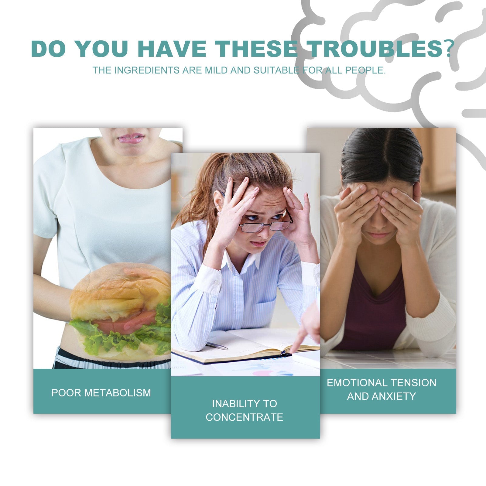 Mature woman smiling confidently alongside text about circulatory health benefits with before/after inset showing distressed woman