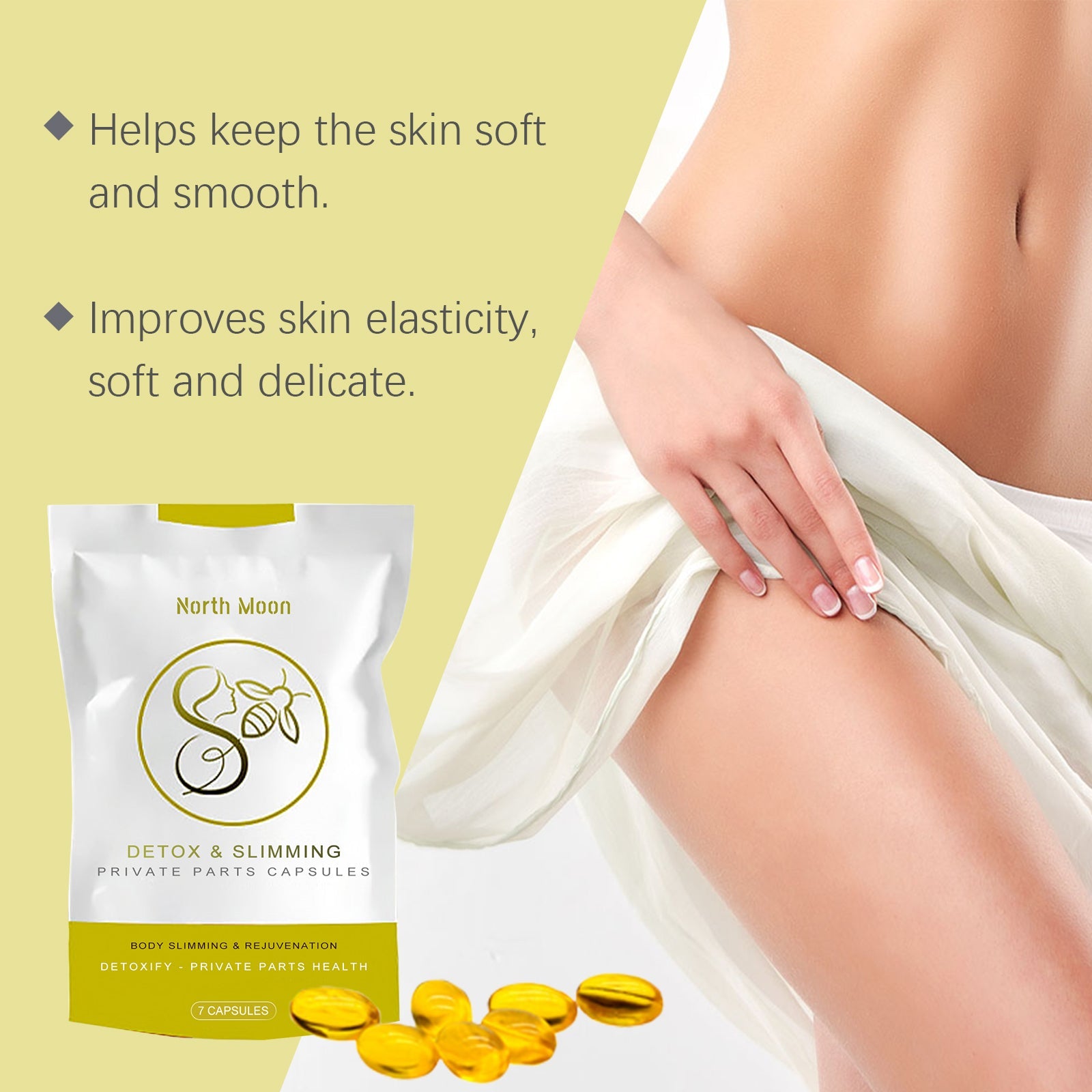 Product pouch with benefits text overlay: 'Helps keep skin soft and smooth' and 'Improves skin elasticity, soft and delicate' alongside woman touching thigh