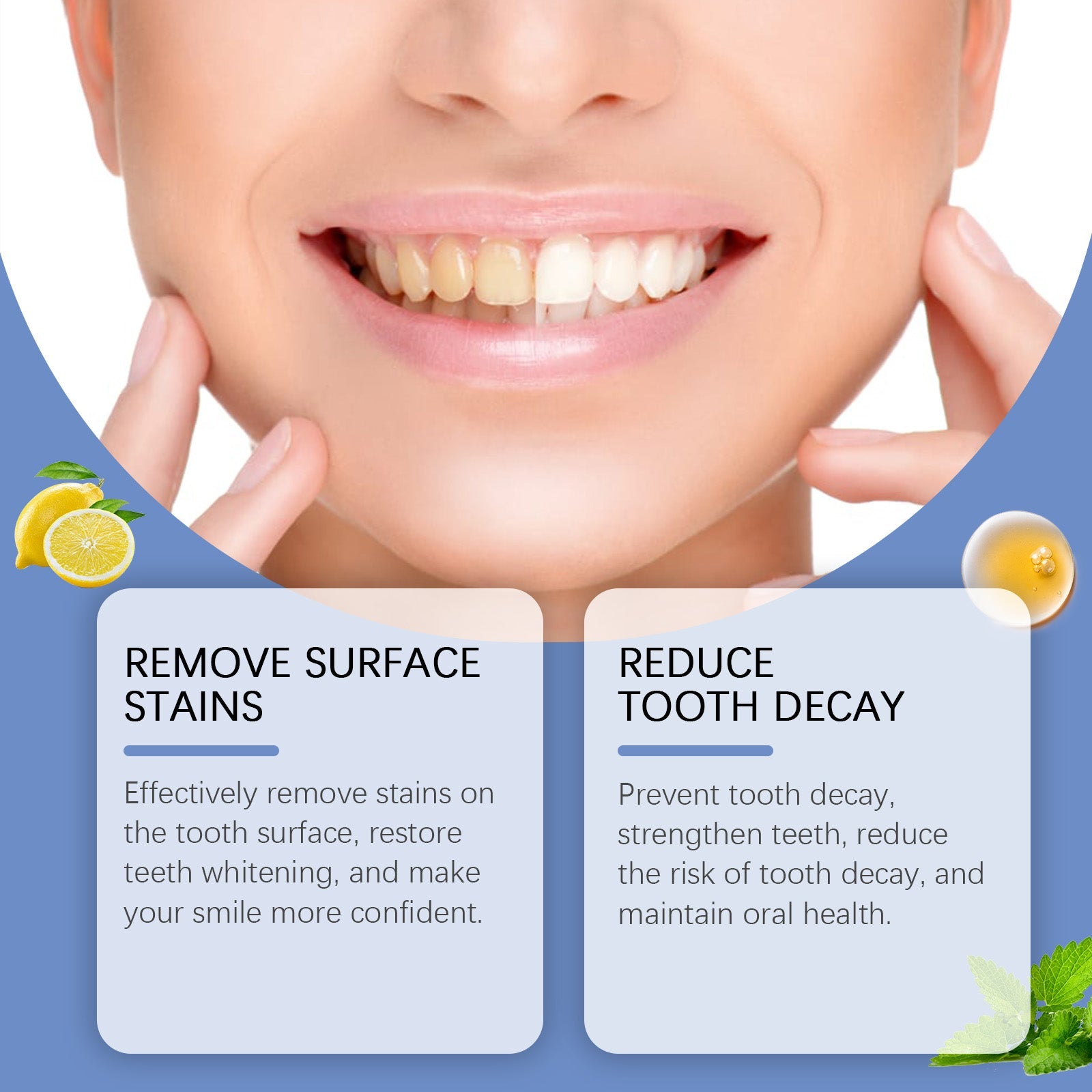 Close-up split showing yellowed/stained teeth on left transitioning to bright white teeth on right, with lemon and mint ingredient callouts and benefit claims below