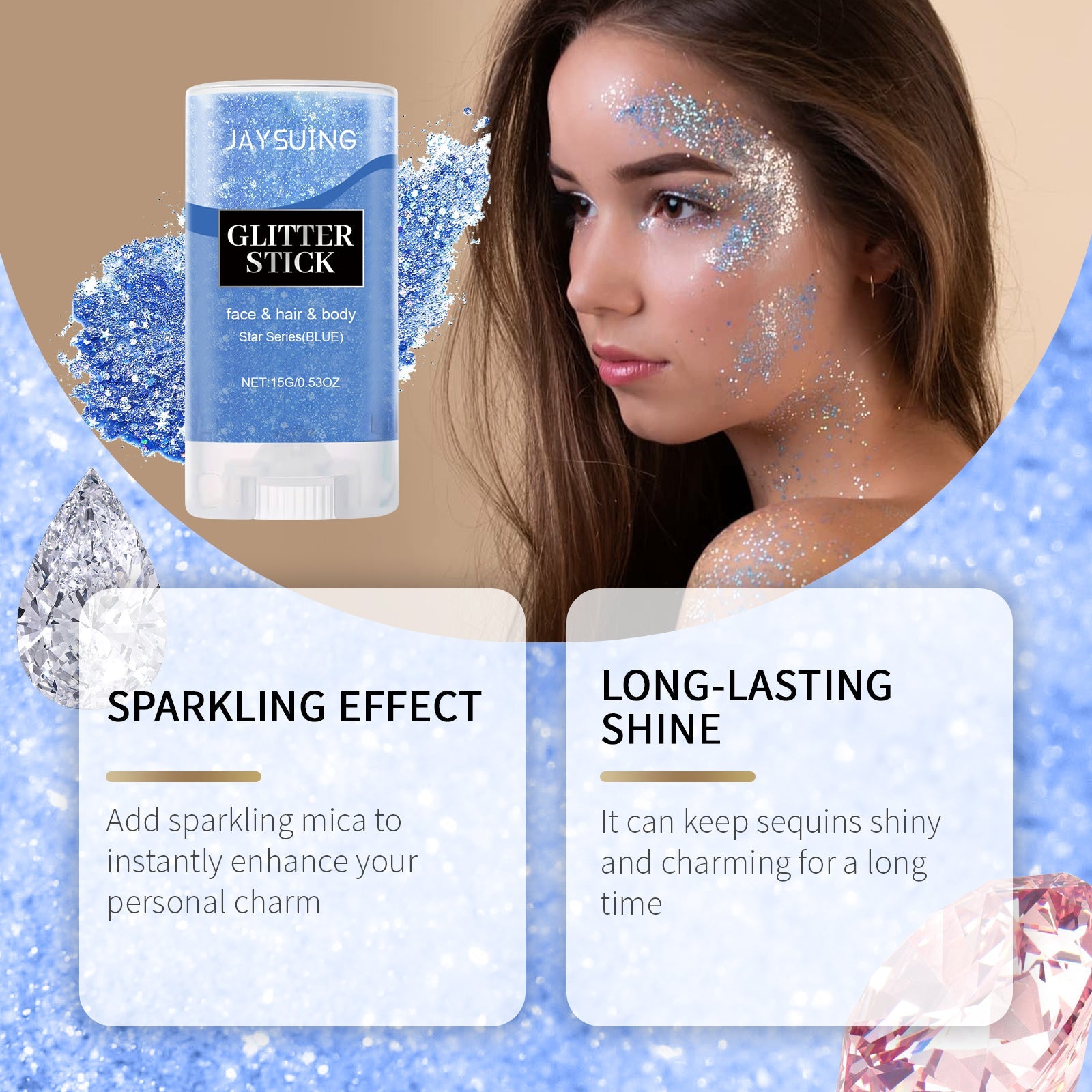 Woman's face in profile with blue glitter applied across cheek and shoulder area, product tube positioned left with burst effects, dual benefit cards showing Sparkling Effect and Long-Lasting Shine