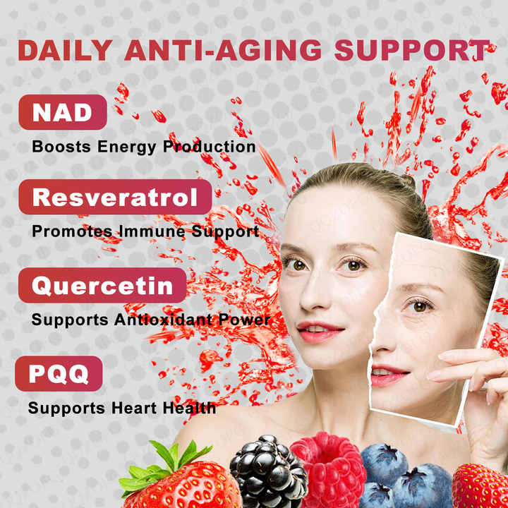 Hand holding sachet with ingredient benefits listed: NAD boosts energy, Resveratrol promotes immunity, Quercetin supports antioxidants, PQQ supports heart health