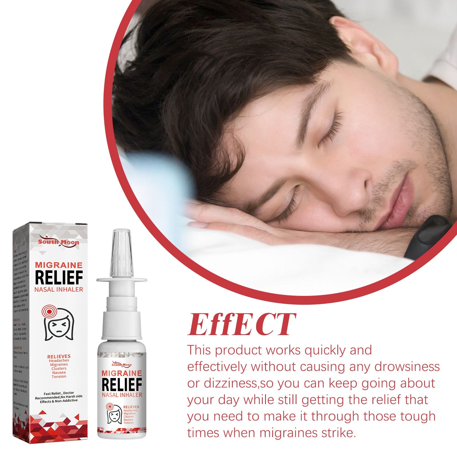 Full product packaging showing South Moon Migraine Relief Nasal Inhaler box and spray bottle