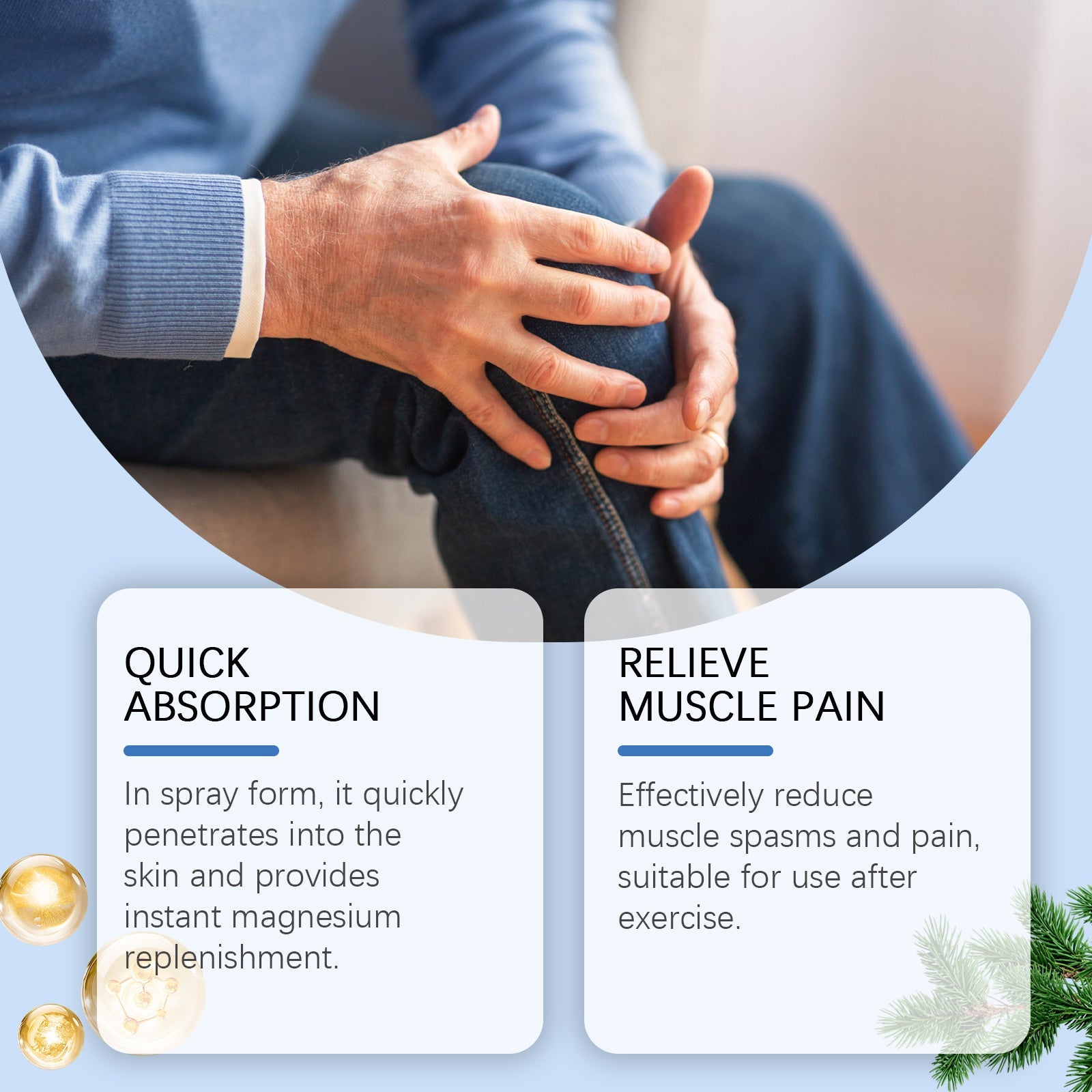 Close-up of hand holding knee with two text blocks highlighting quick absorption and muscle pain relief