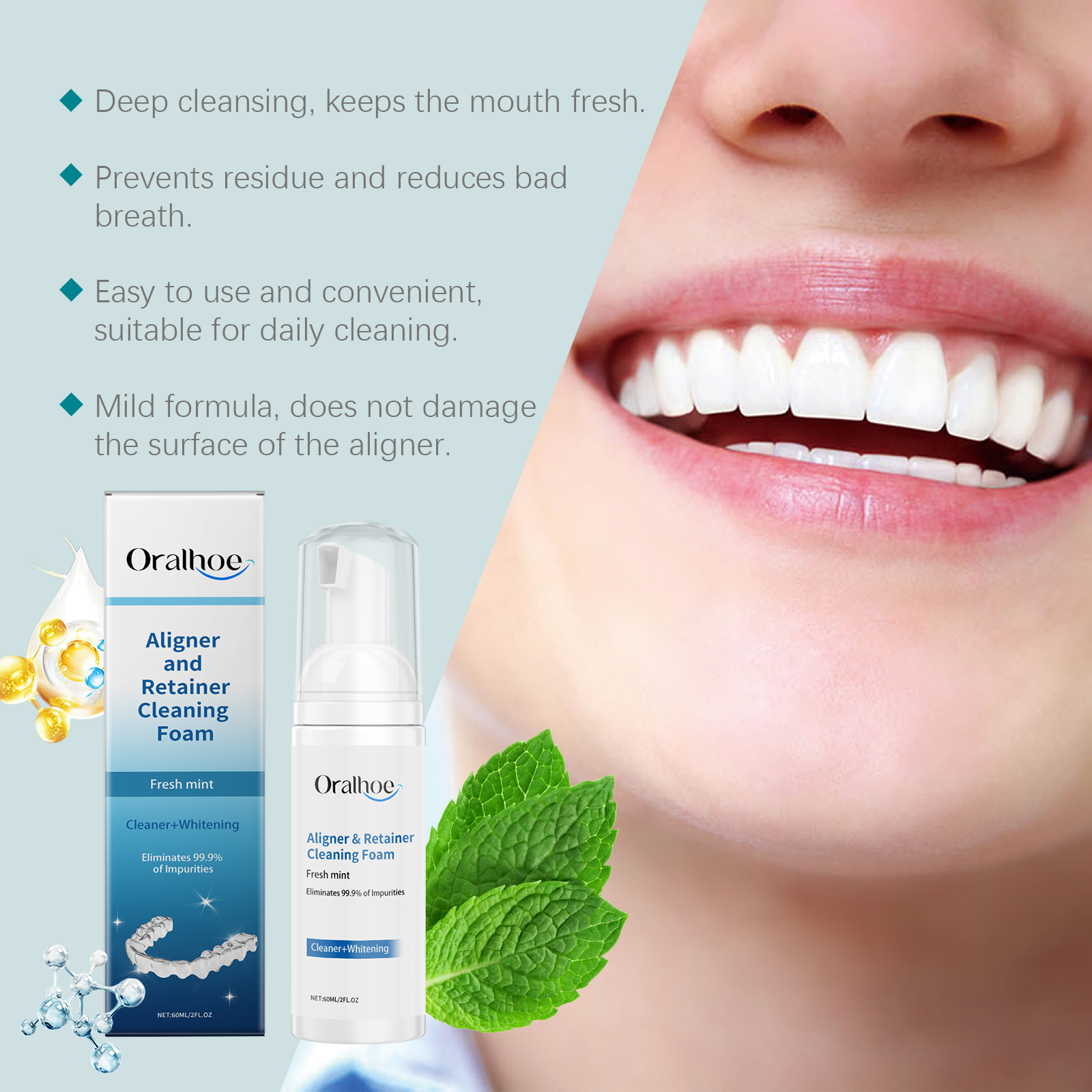 Close-up of clean white teeth and smile with key benefits listed: deep cleansing, prevents residue/bad breath, easy to use, mild formula