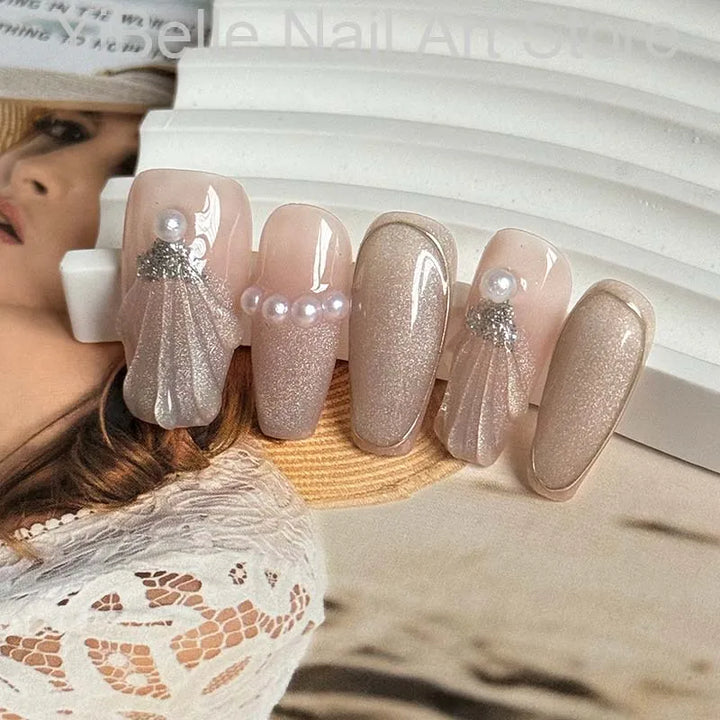 Seashell Pearl Press-On Nails — Handmade, Reusable