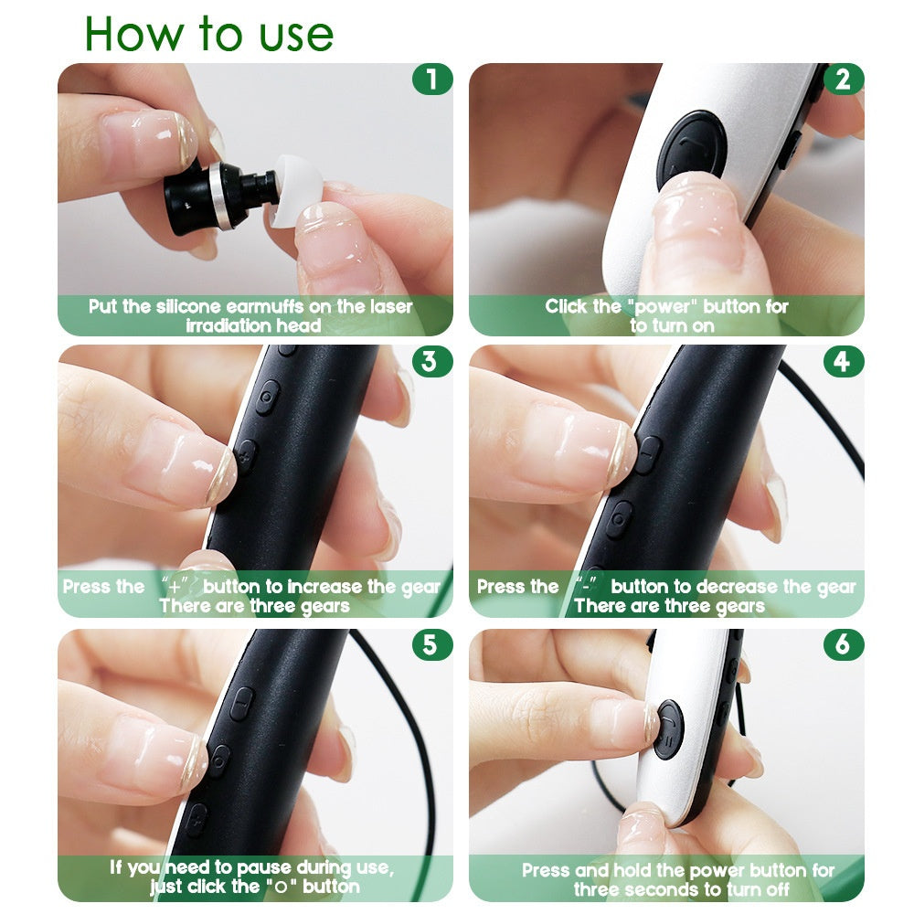 Six-panel instruction guide showing silicone earmuff attachment, power activation, intensity adjustment, and operation controls