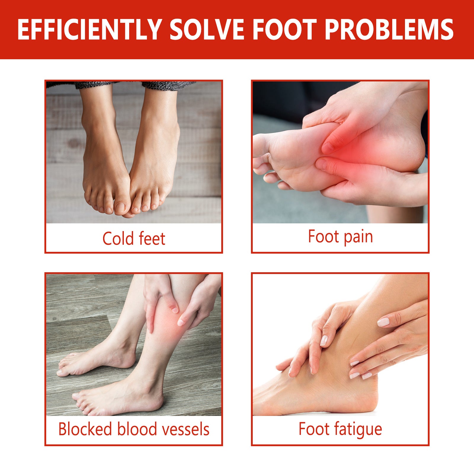Four-panel grid showing problems solved: cold feet, foot pain, blocked blood vessels, foot fatigue with red accent borders