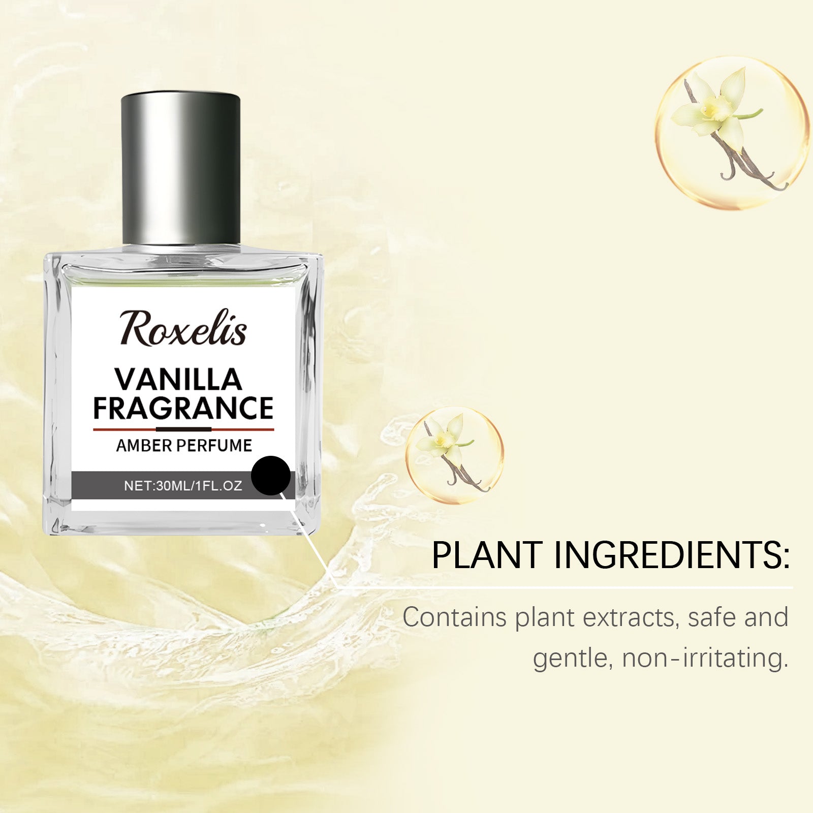 Perfume bottle surrounded by water splash and vanilla orchid flower imagery with text 'Plant Ingredients: Contains plant extracts, safe and gentle, non-irritating'
