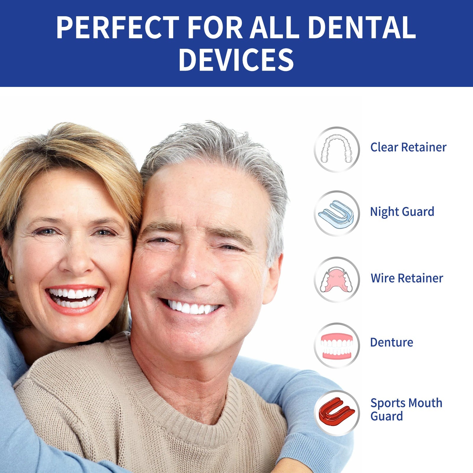 Detailed view of micro-cleaning action with bubbling water solution, various dental devices (dentures, retainers, night guards), and 99.9% bacteria elimination callout