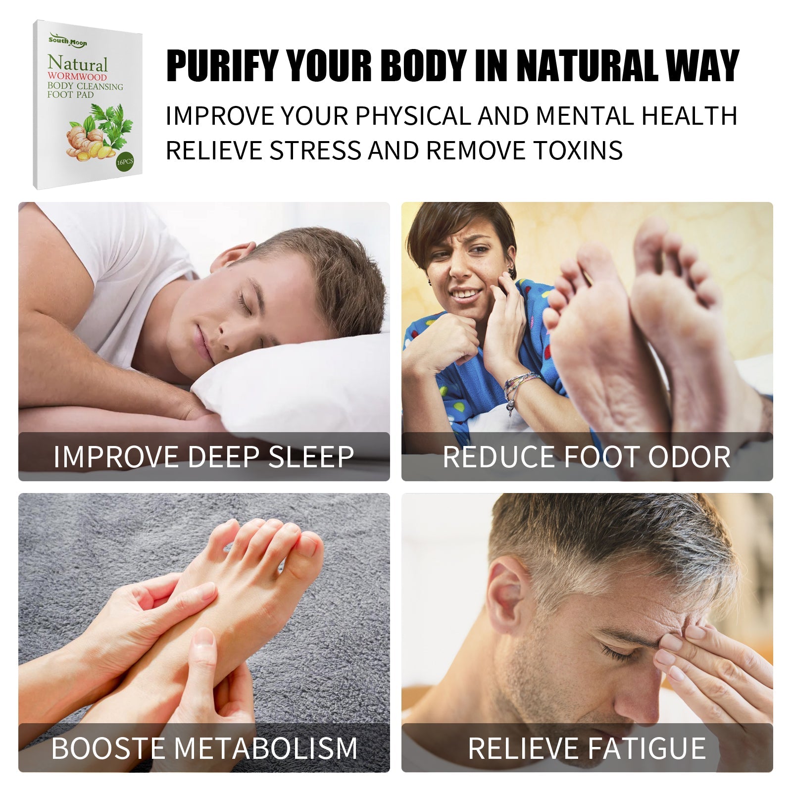 Headline 'Purify Your Body in Natural Way' with four lifestyle benefit scenes: improved deep sleep, reduced foot odor, boosted metabolism, relieved fatigue