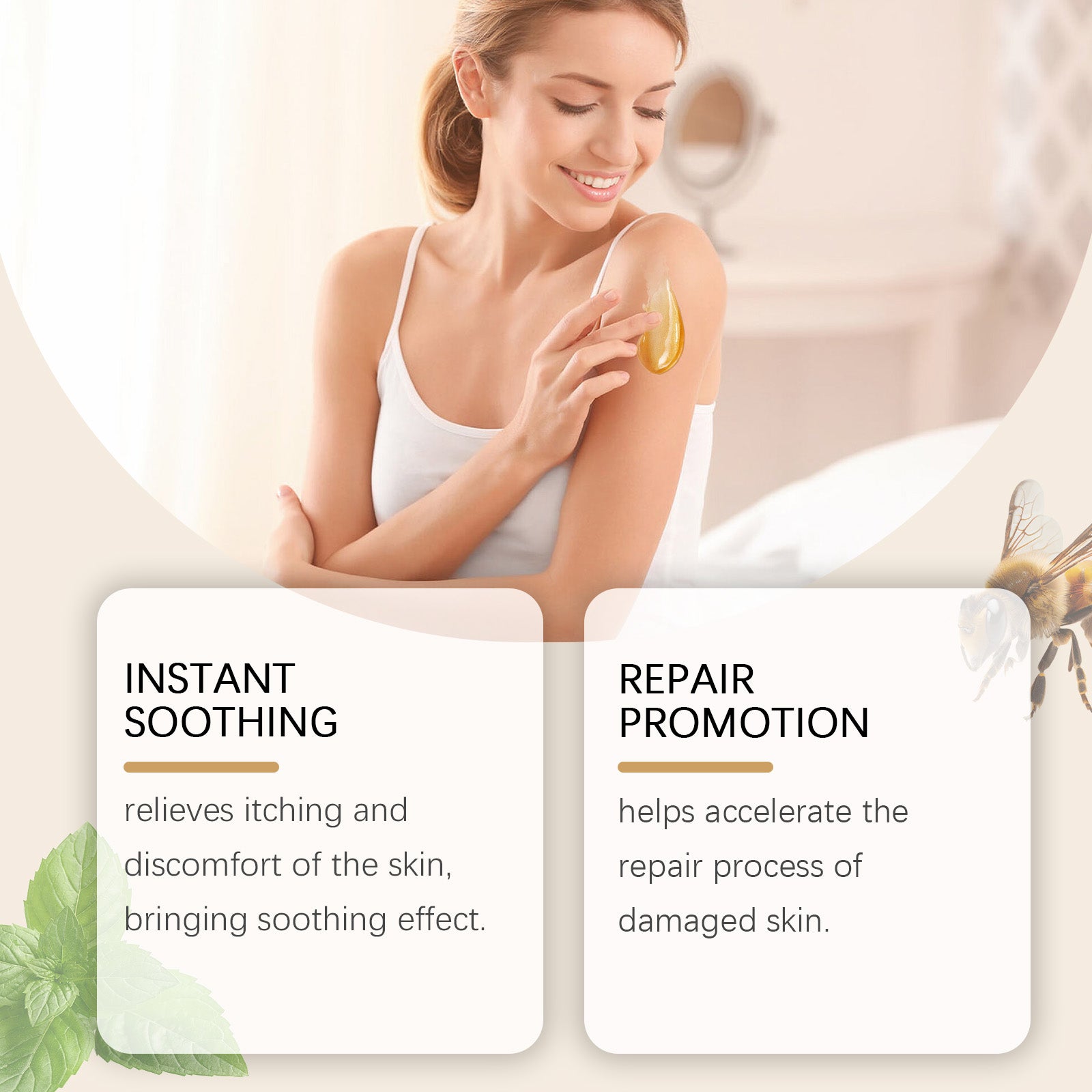 Woman applying cream with visible product swipe on arm, product box and jar positioned in composition