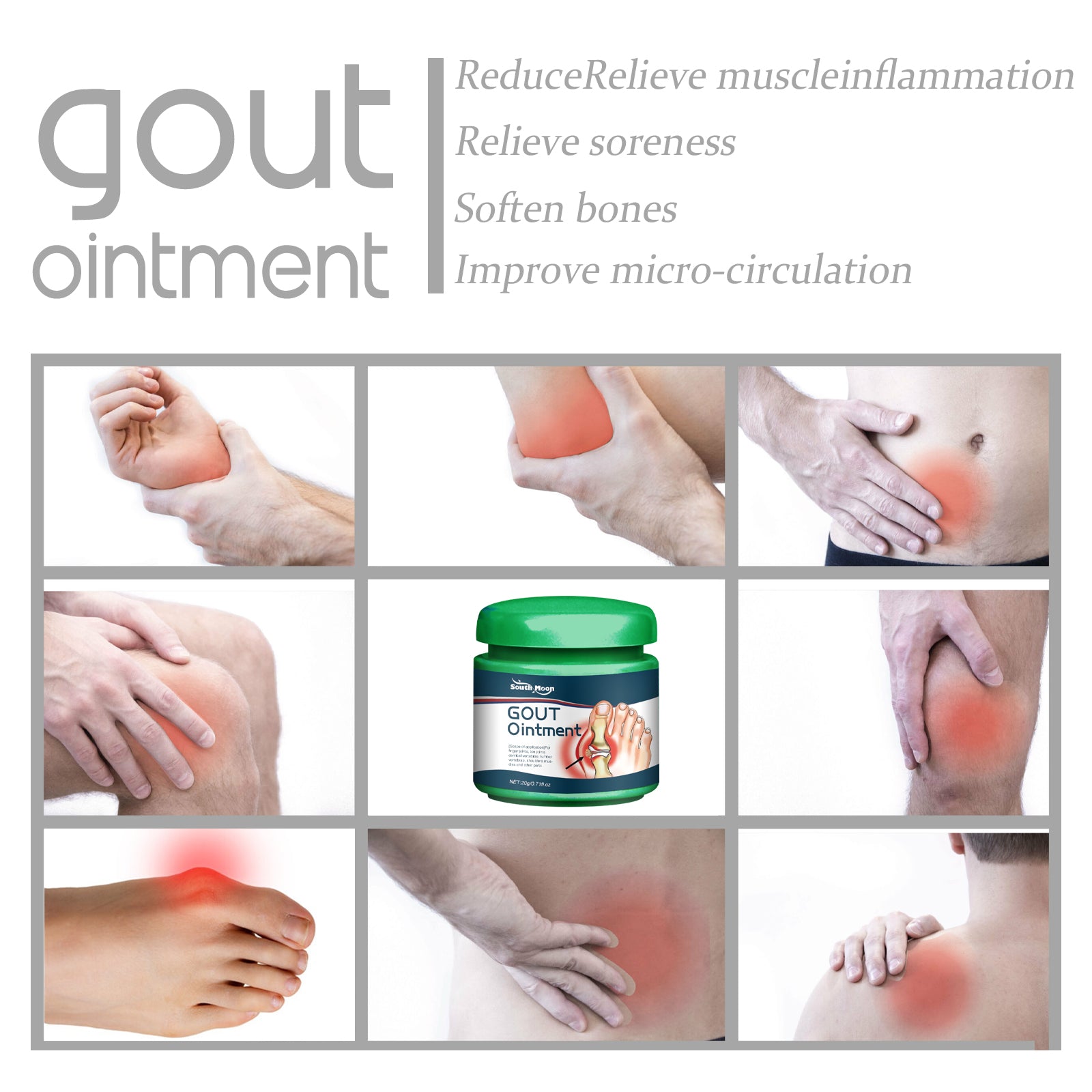 Grid of 9 images showing various joint pain applications (wrists, ankles, knees, hands, shoulders) with inflammation heat-map overlays, product jar centered