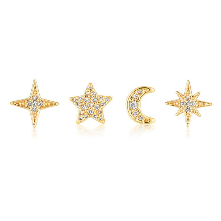 Celestial Earring Stud Set — 4-Piece S925 Silver & CZ Ear
