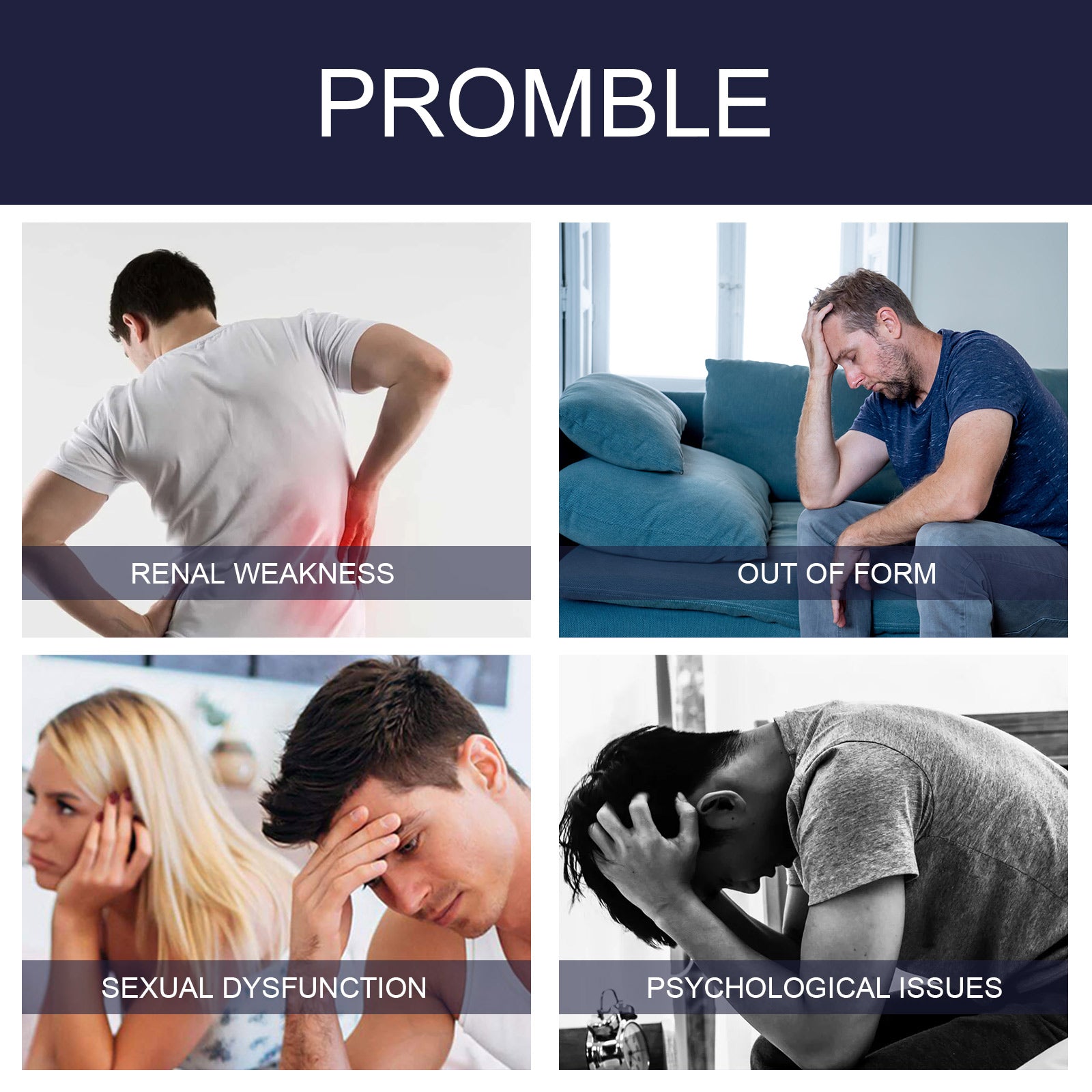 Before/after lifestyle imagery showing couples in intimate scenarios with transformation narrative