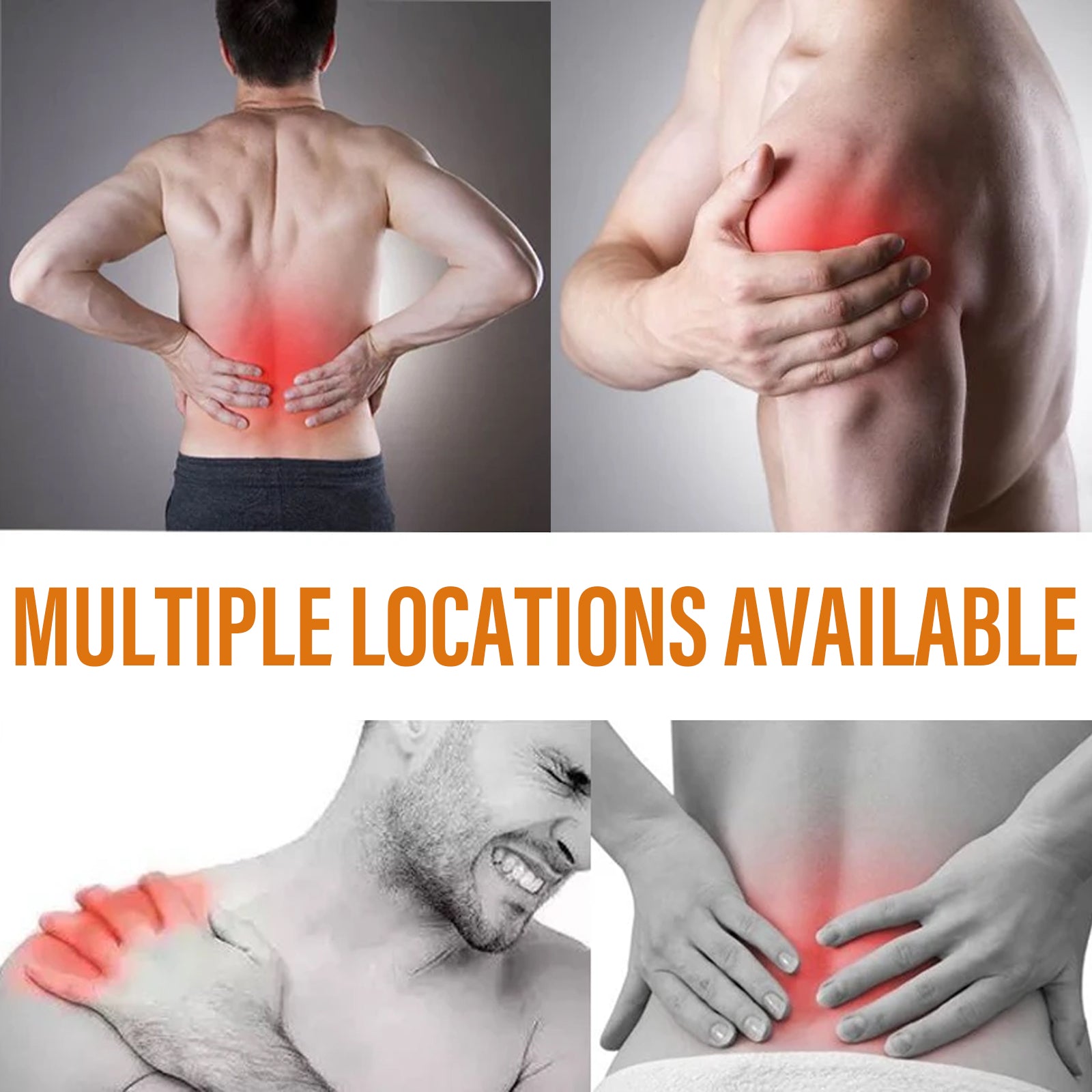 Clinical pain location visualization showing lower back, shoulder, neck, and leg pain areas highlighted in red