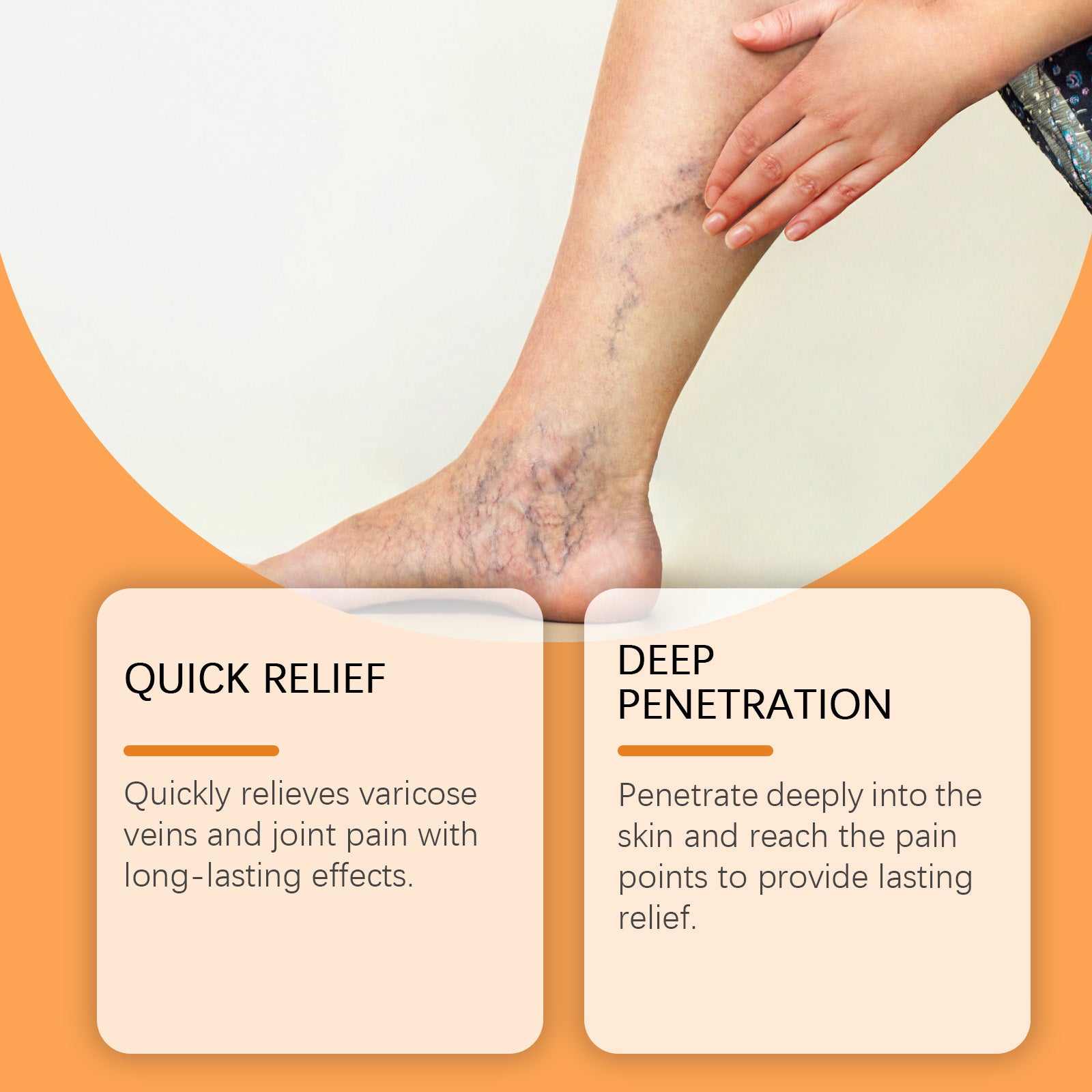 Close-up of male leg with visible varicose veins being touched, with text highlighting quick relief and deep penetration benefits