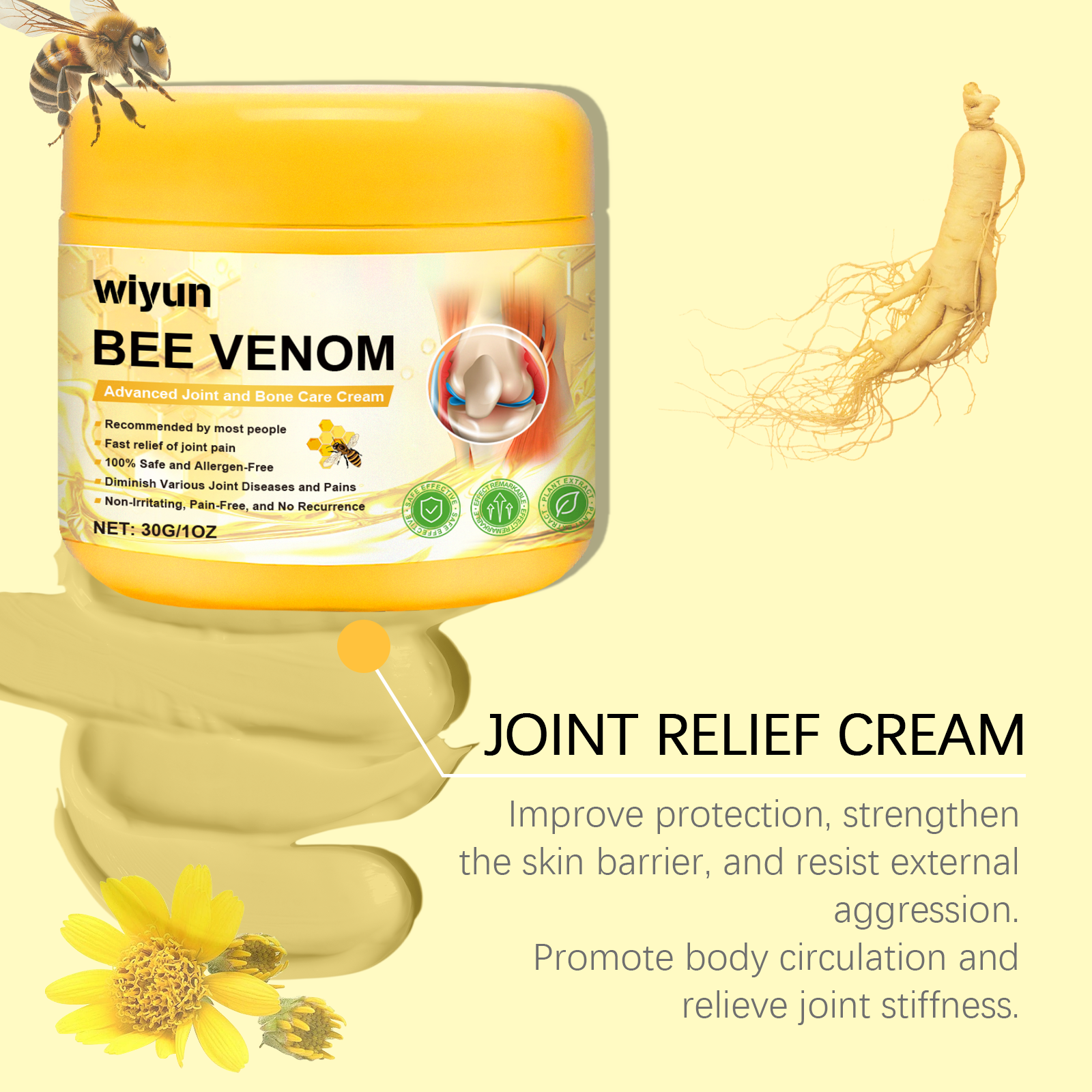 Adult in blue shirt cradling wrist with visible pain, overlaid with text 'JOINT RELIEF CREAM' and descriptive benefit messaging about skin discomfort relief and self-repair acceleration