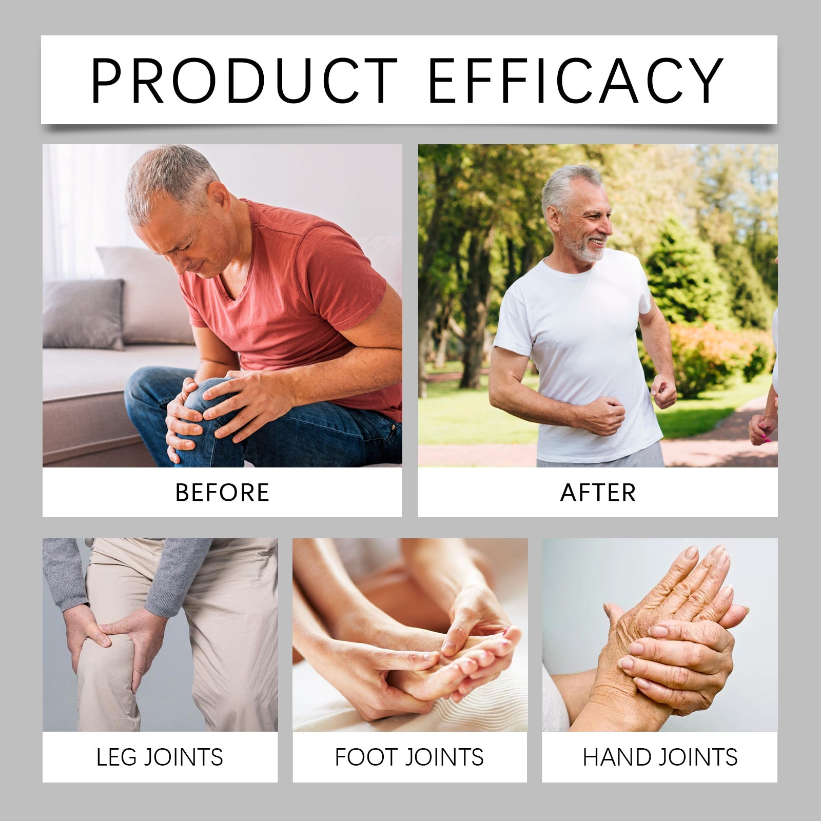 Clinical before/after comparison showing neck/shoulder pain relief and knee pain reduction with inflammation visualization