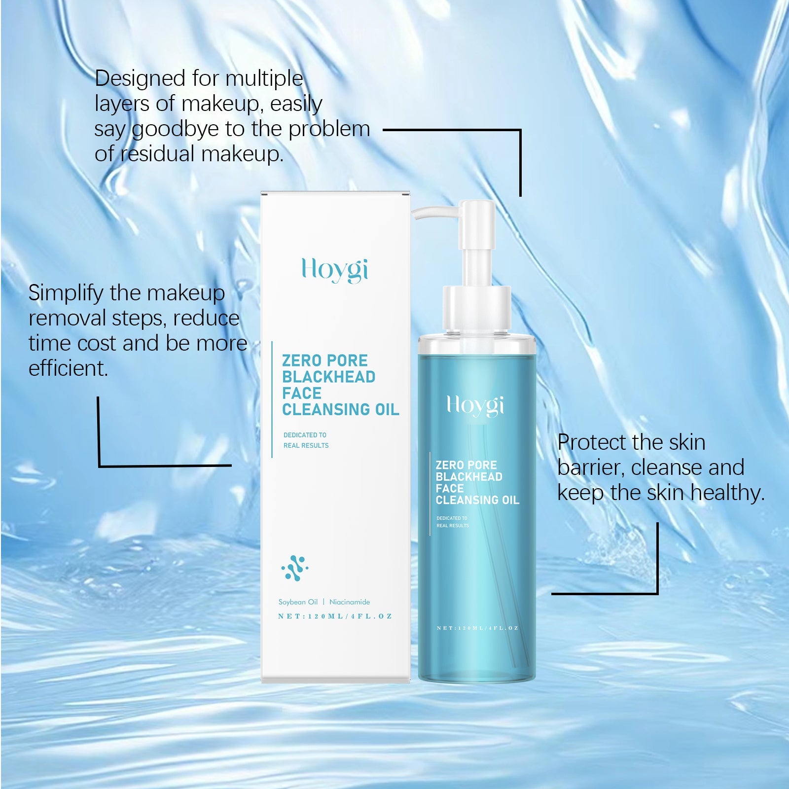 Product and packaging displayed with water wave graphics and benefit statements