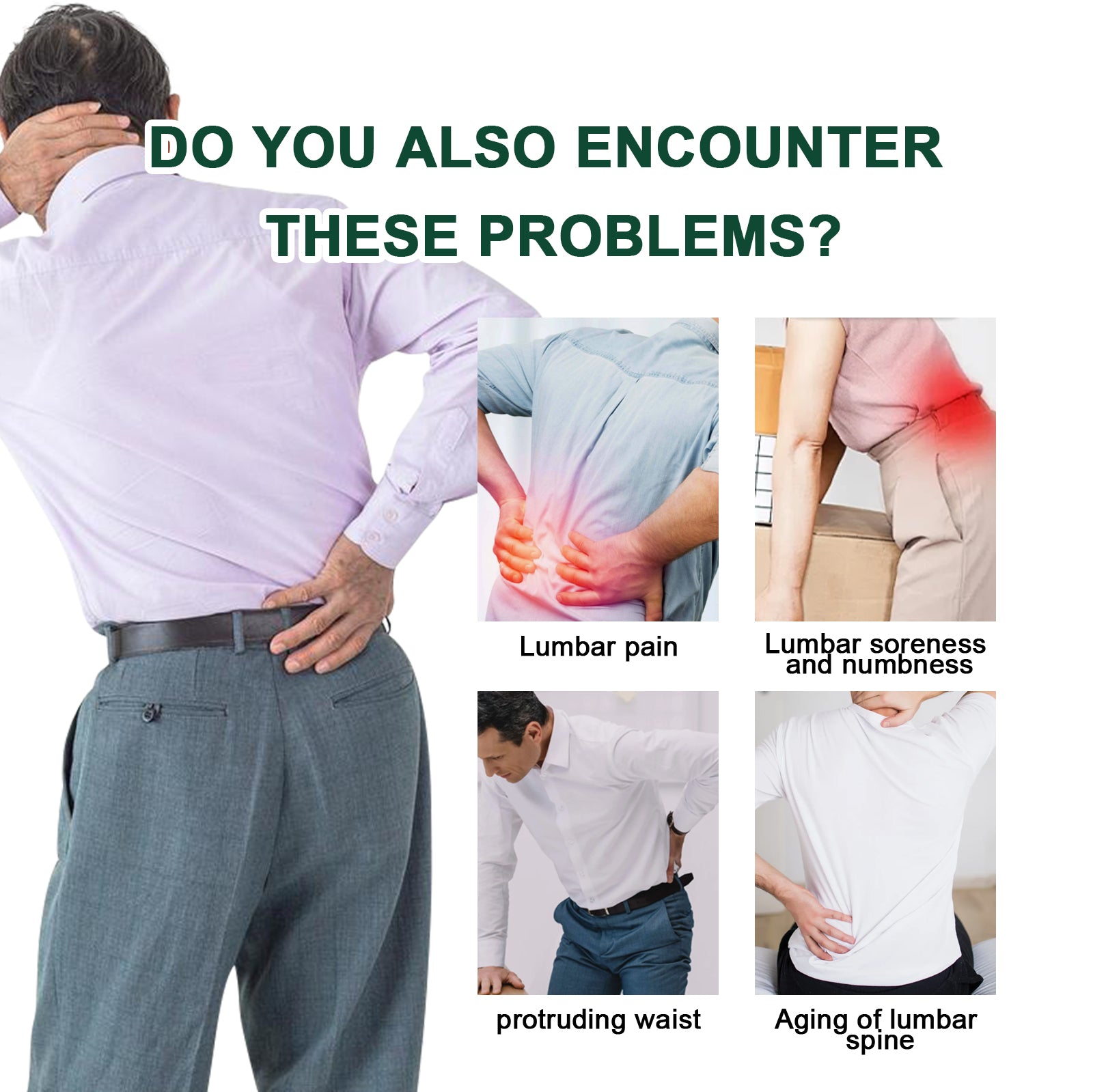 Six-panel grid showing common pain scenarios: lumbar pain, soreness/numbness, protruding waist, aging spine discomfort