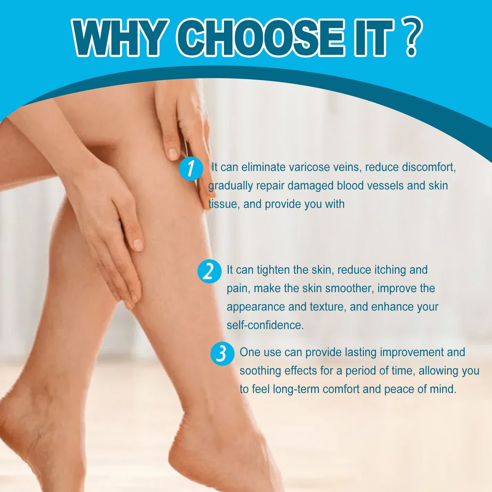 Woman's legs and hands demonstrating cream application to calf area, showing healthy skin appearance