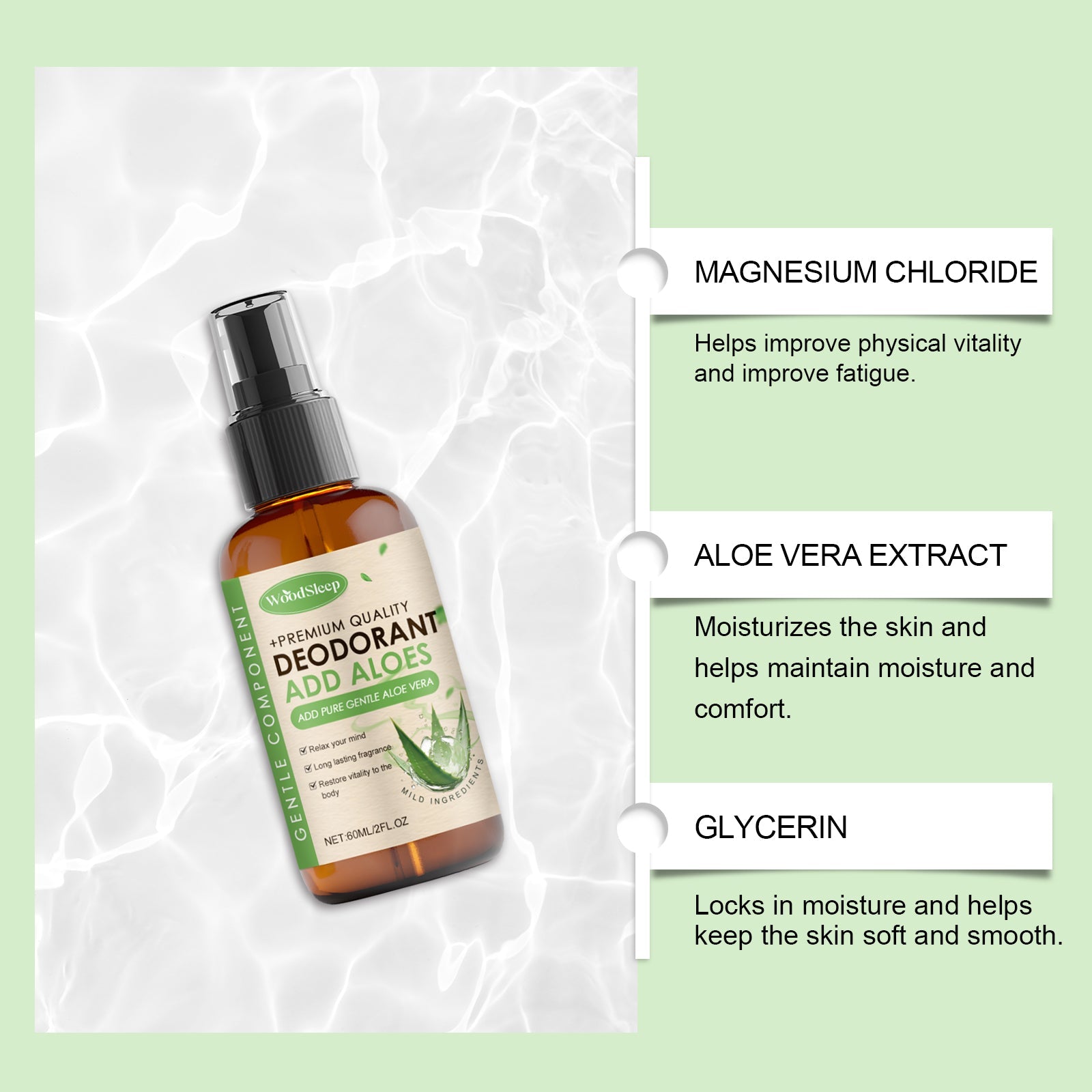 Product bottle on water-textured background with labeled ingredient callouts for Magnesium Chloride, Aloe Vera Extract, and Glycerin