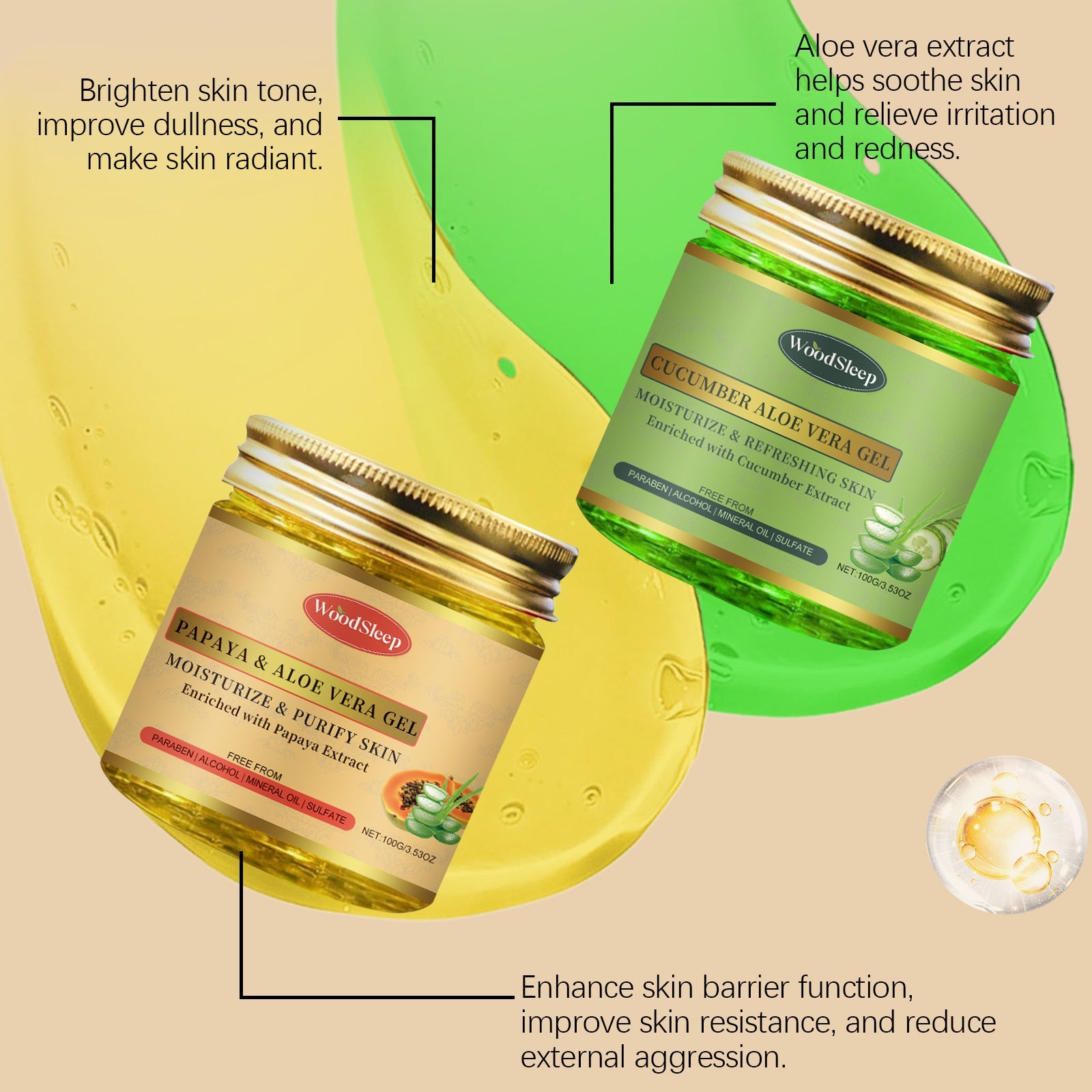 Split-screen showing acne-prone skin on left transitioning to clear glowing skin on right, with product jars and ingredient visuals