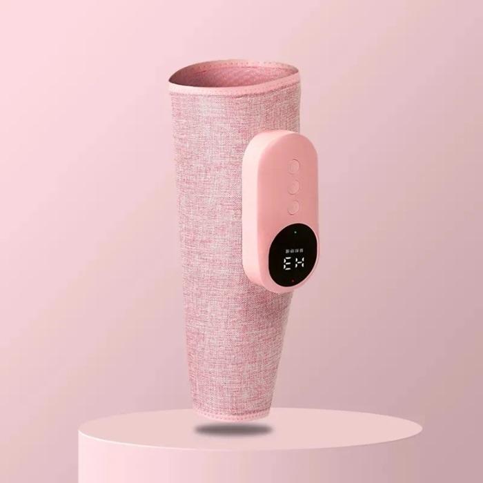 Single calf massager floating on minimalist pink platform against soft pink background