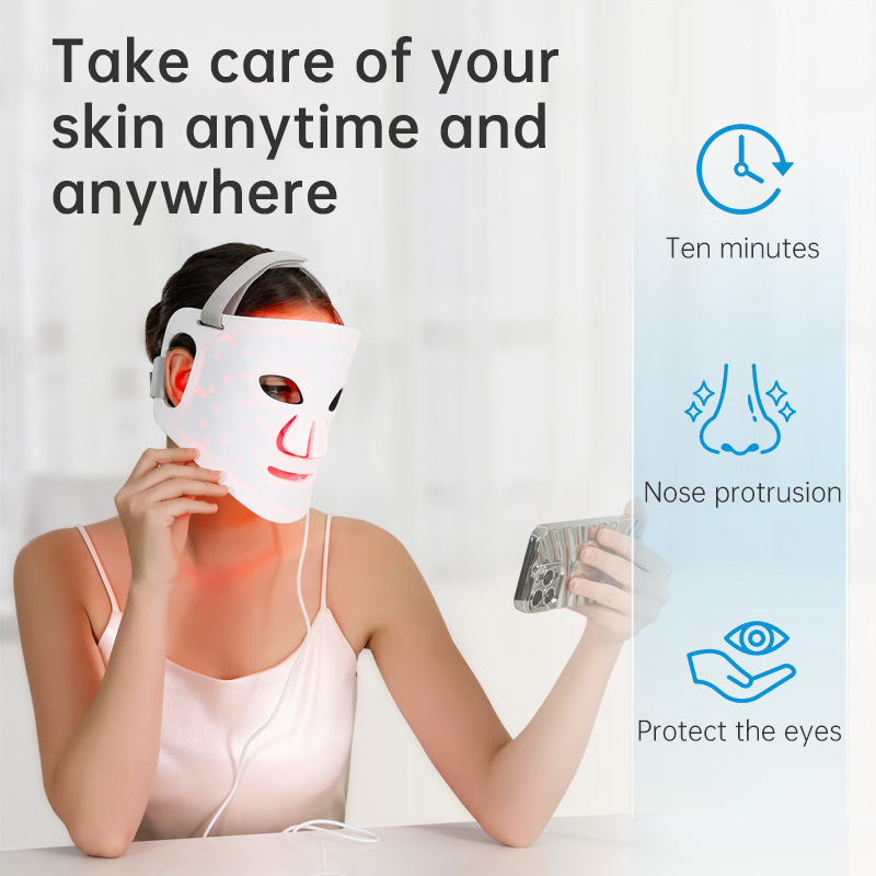 Woman using LED mask with text overlay stating key benefits: 'Ten minutes', 'Nose protrusion', 'Protect the eyes' - showing practical usage instructions and time commitment