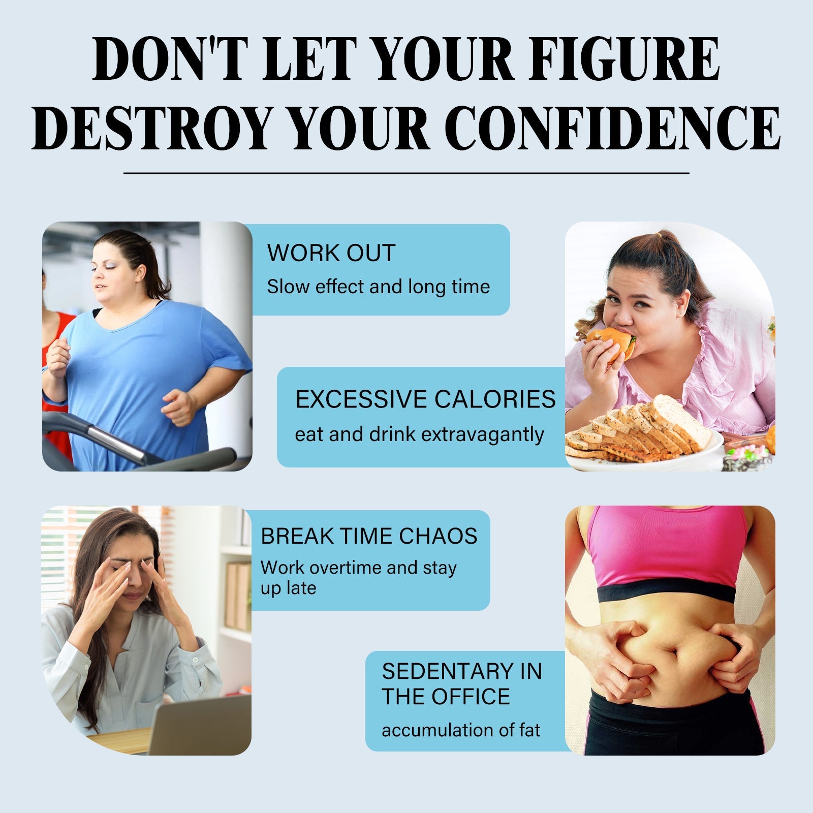 Woman in blue sports bra holding yellow measuring tape around waist with inset before/after belly comparison