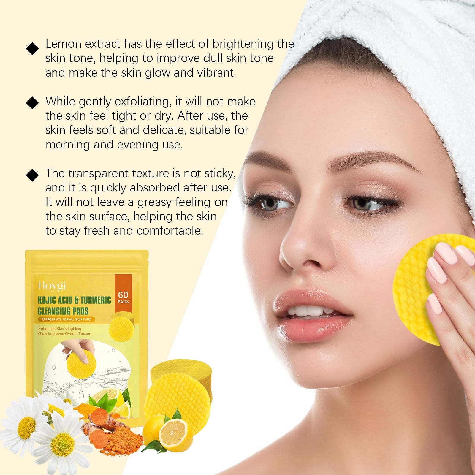 Woman with wet face splashing water, using cleansing pad on cheek against yellow gradient background with product visible