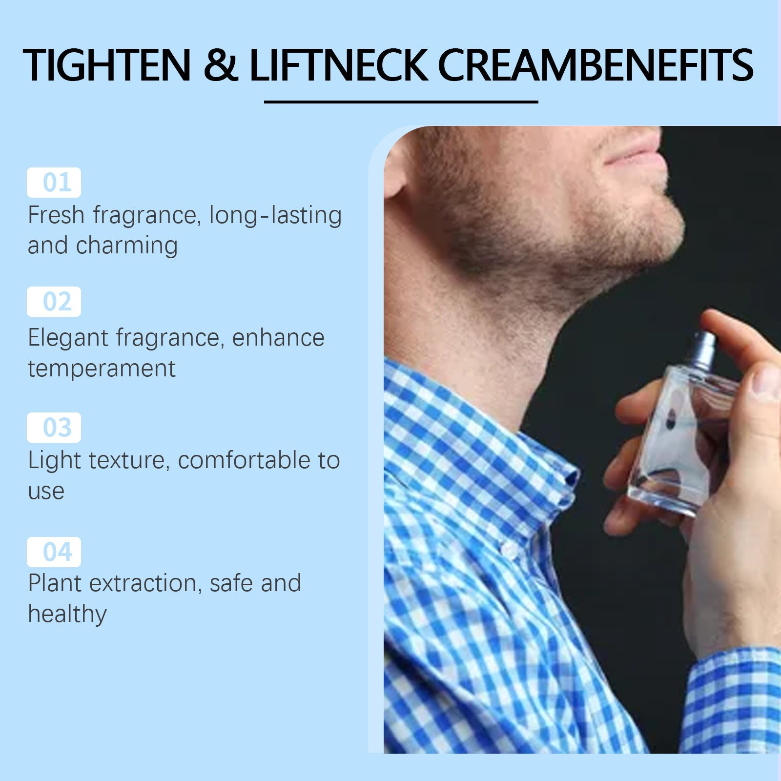 Man holding perfume bottle with benefits listed: fresh fragrance, elegant temperament, light texture, plant extraction
