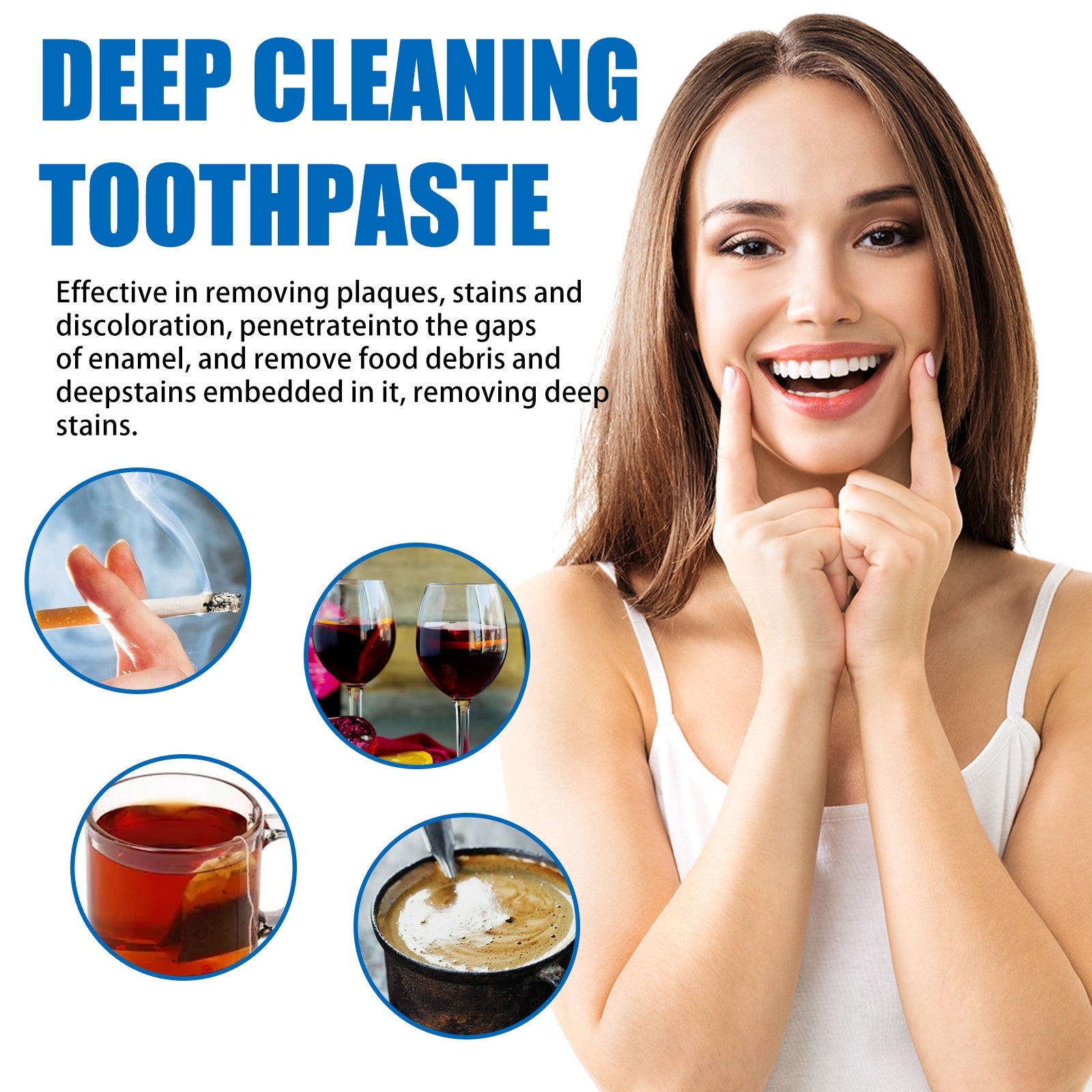 Before-during-after progression showing teeth whitening stages with headline 'The cleaning and whitening effect is obvious'