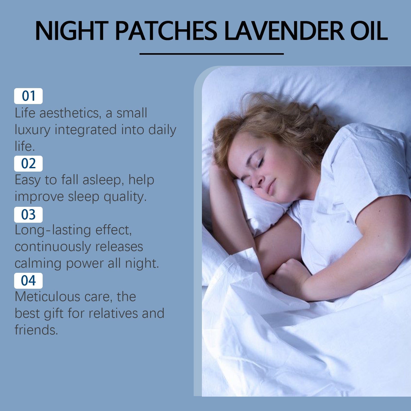 Information page highlighting four key benefits with sleeping woman imagery
