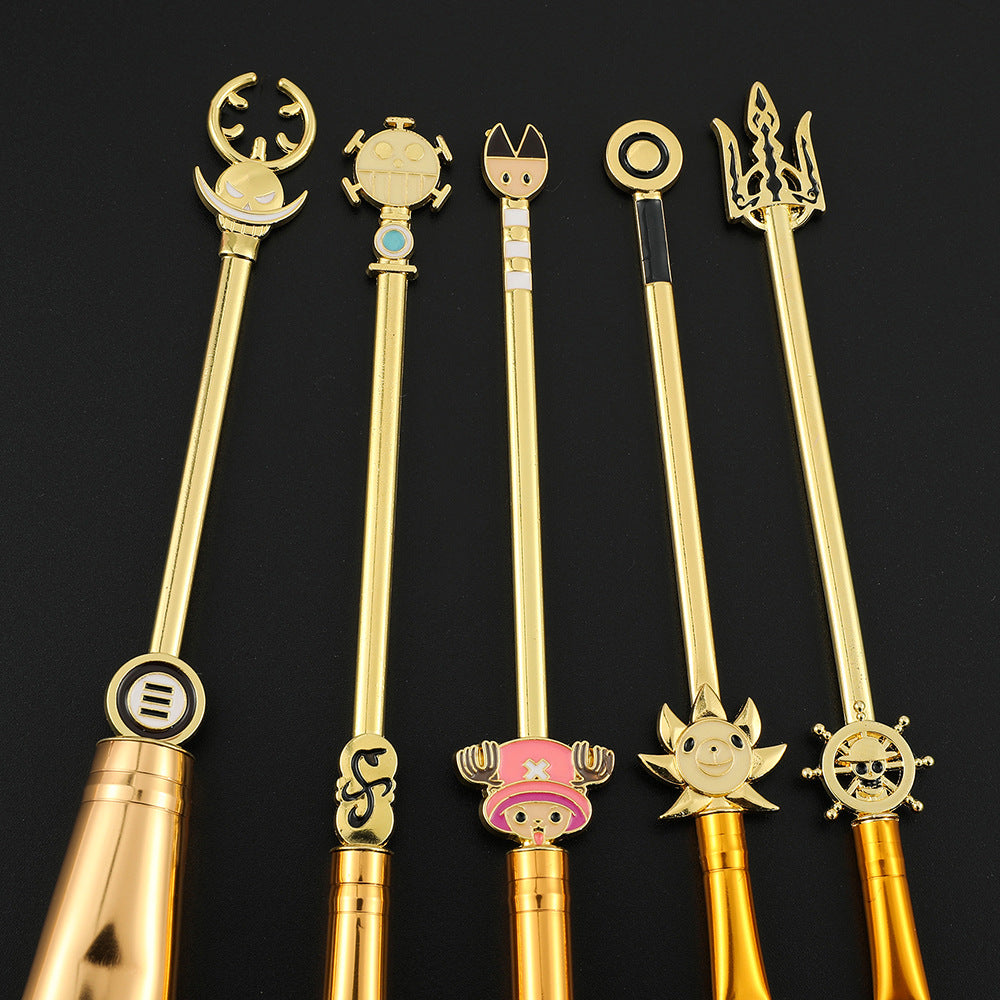 All 7 brush handles displayed vertically against black background showing full-length gold handles and all character charm decorations including Chopper, Sunny, ship wheel, trident, and more