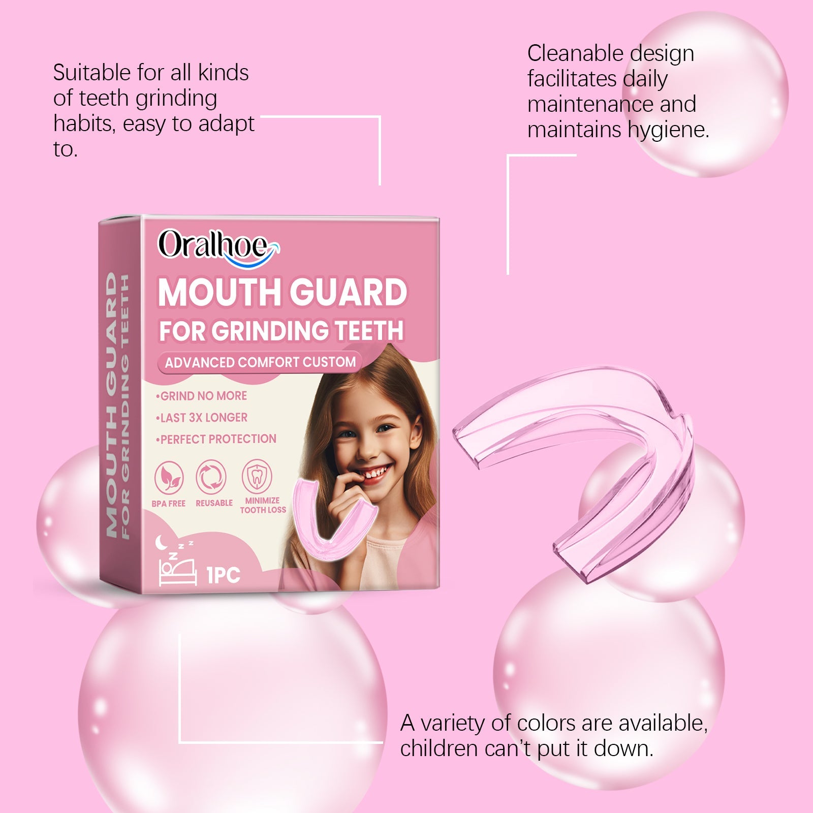 Product packaging with callouts highlighting adaptability, cleanable design, and color variety with decorative bubbles