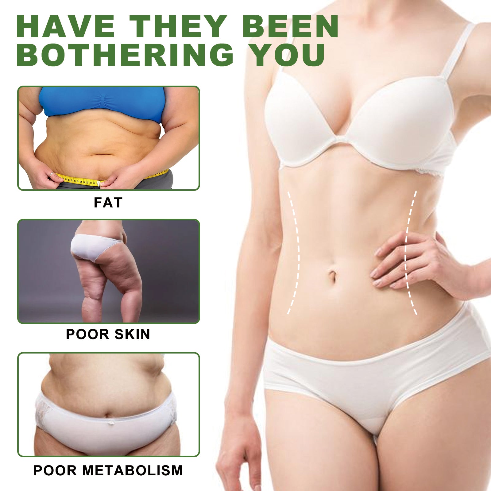 Body problem areas labeled as fat, poor skin, and poor metabolism with clinical presentation
