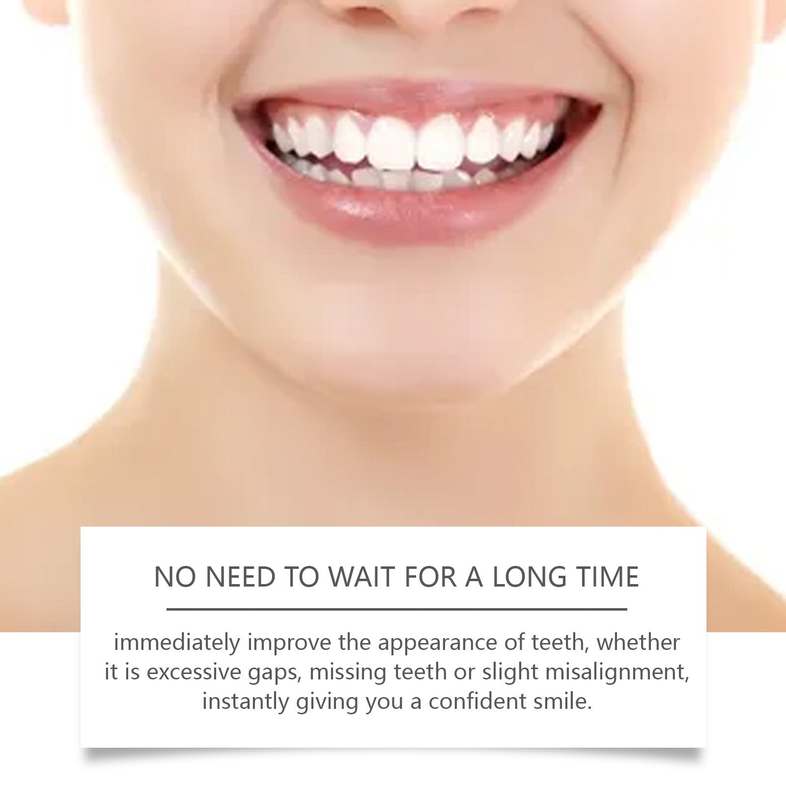 Oralhoc Adjustable Flex Smile Teeth product packaging with before/after tooth images and two white silicone veneer pairs displayed