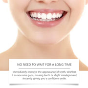 Oralhoc Adjustable Flex Smile Teeth product packaging with before/after tooth images and two white silicone veneer pairs displayed