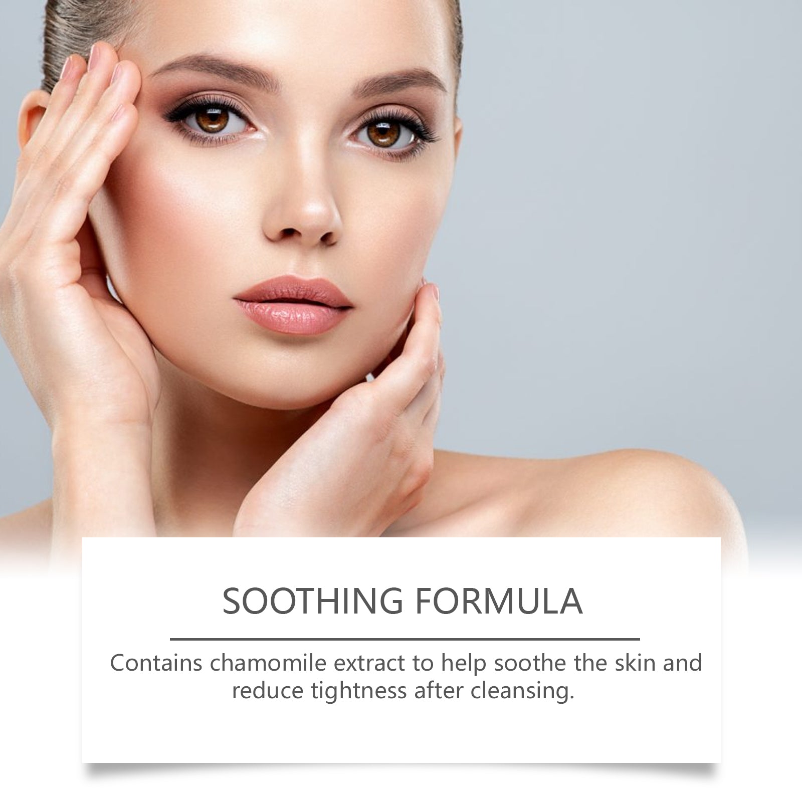 Close-up of woman's glowing face with hands cupped around cheeks and text overlay describing soothing formula