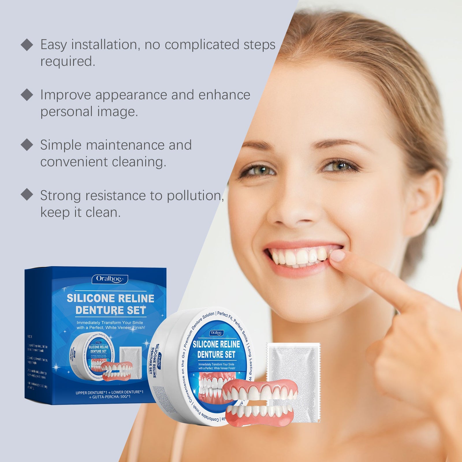 Woman's profile smile with four benefit callouts: easy installation, improved appearance, simple maintenance, pollution resistance