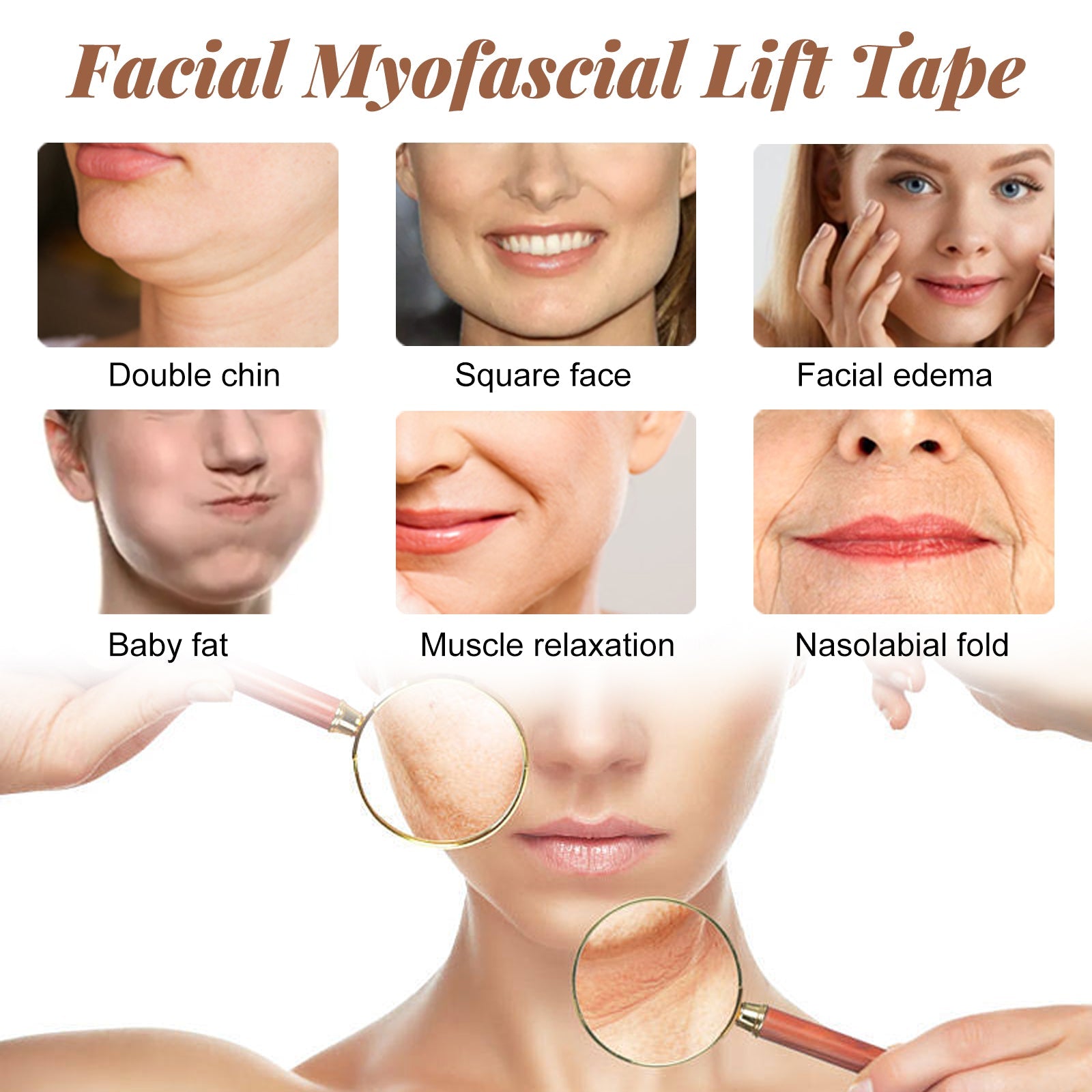 Split-screen comparison showing left side untaped facial sagging vs. right side with applied lifting vectors overlaid in blue dotted lines, plus before/after close-up of jawline and nasolabial region