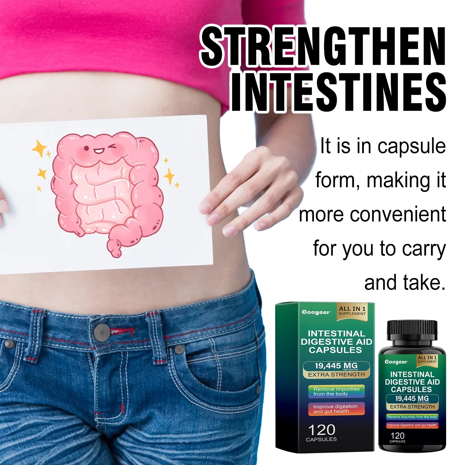 Text overlay stating 'It can improve intestinal health and help enhance the body's immunity' with illustrated stomach graphics