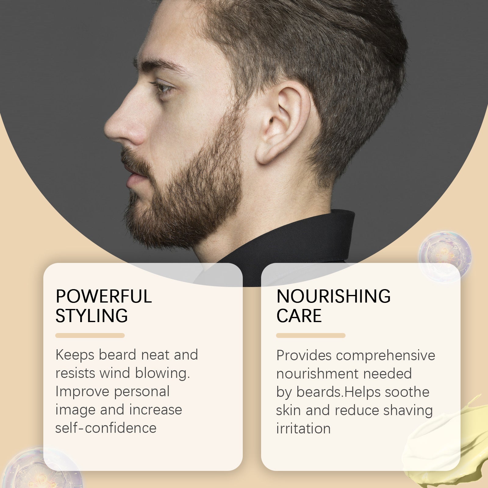 Close profile of bearded man showing beard texture and definition with text cards: Powerful Styling and Nourishing Care
