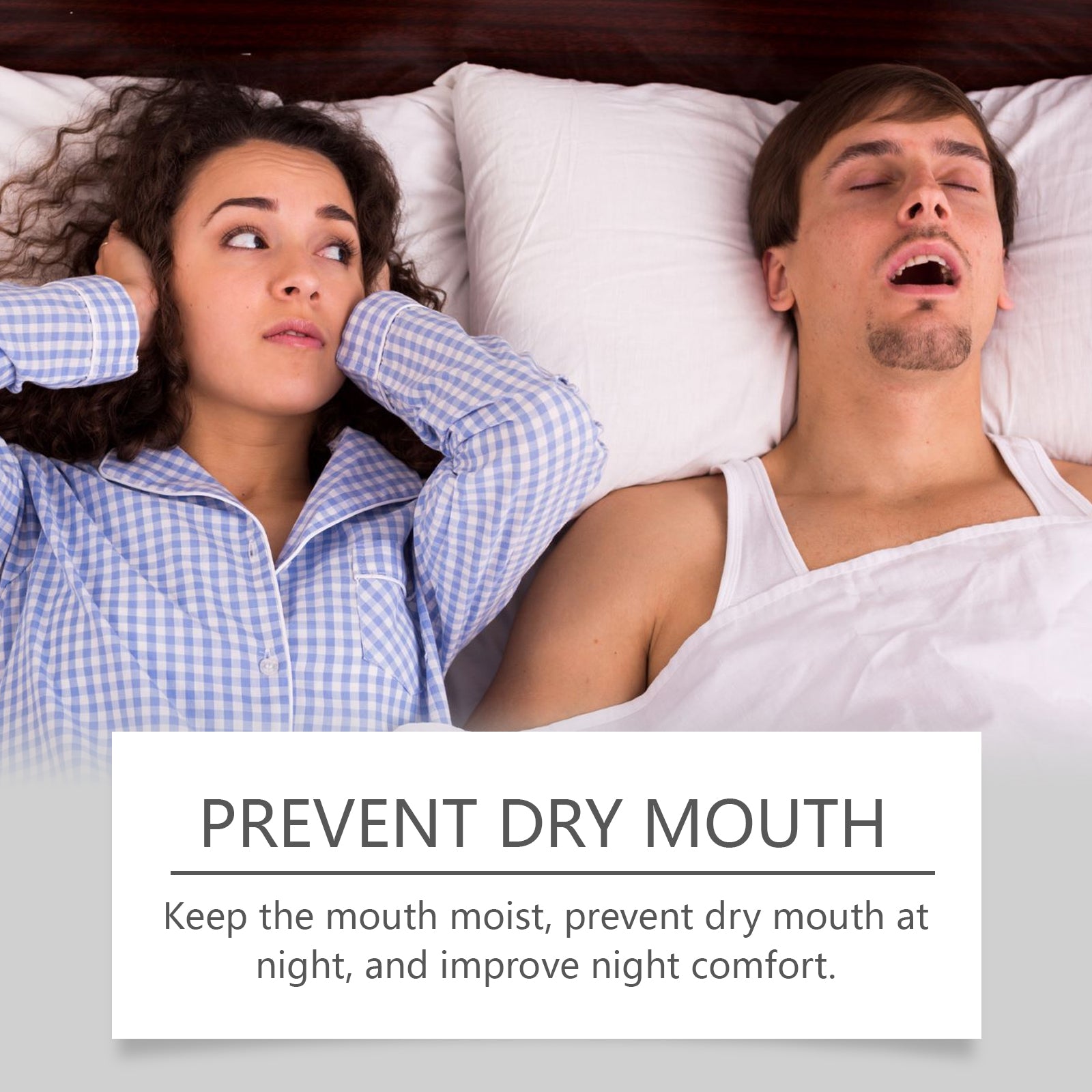 Man sleeping peacefully in bed wearing light blue shirt demonstrating product use context